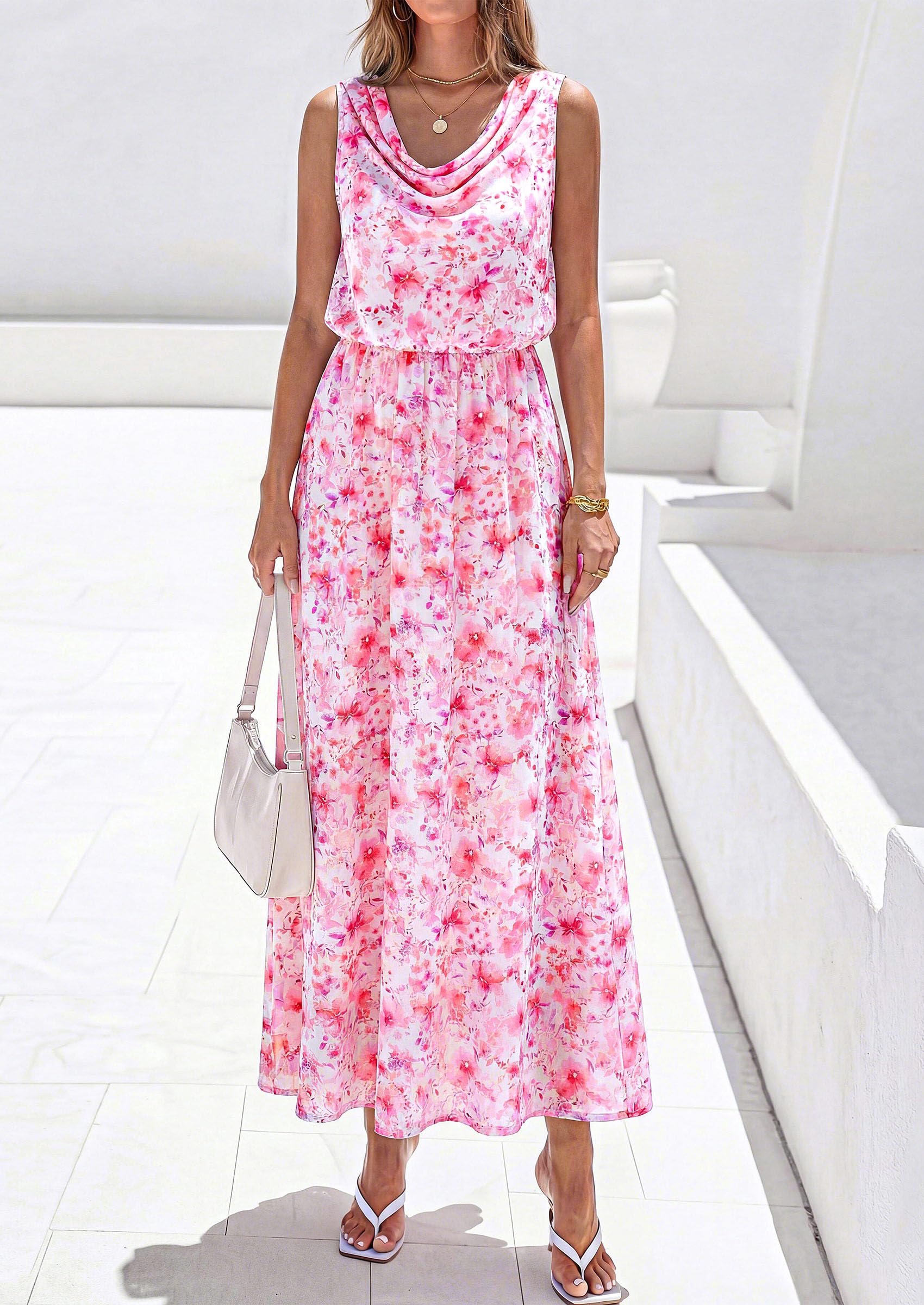 PRETTYGARDEN Womens Summer Floral Maxi Dresses 2026 Spring Sleeveless Cowl Neck Flowy Beach Vacation Wedding Guest Long Dress(White Pink Flower,Large)