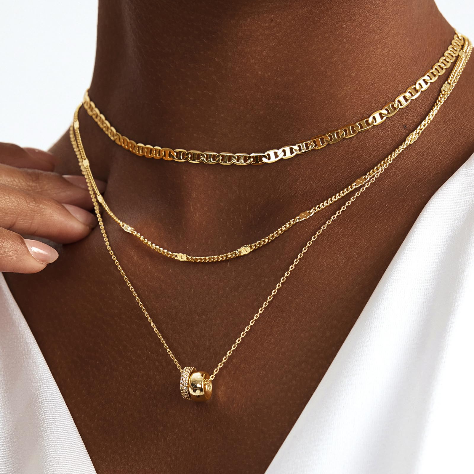 OGD Layered Necklaces for Women 14K Gold Plated Trendy Mariner Chain Dainty Circle Rondelle Pendant Choker Necklace for Women Two-Toned Cubic Zirconia Gold Necklace Stack Non Tarnish Hypoallergenic