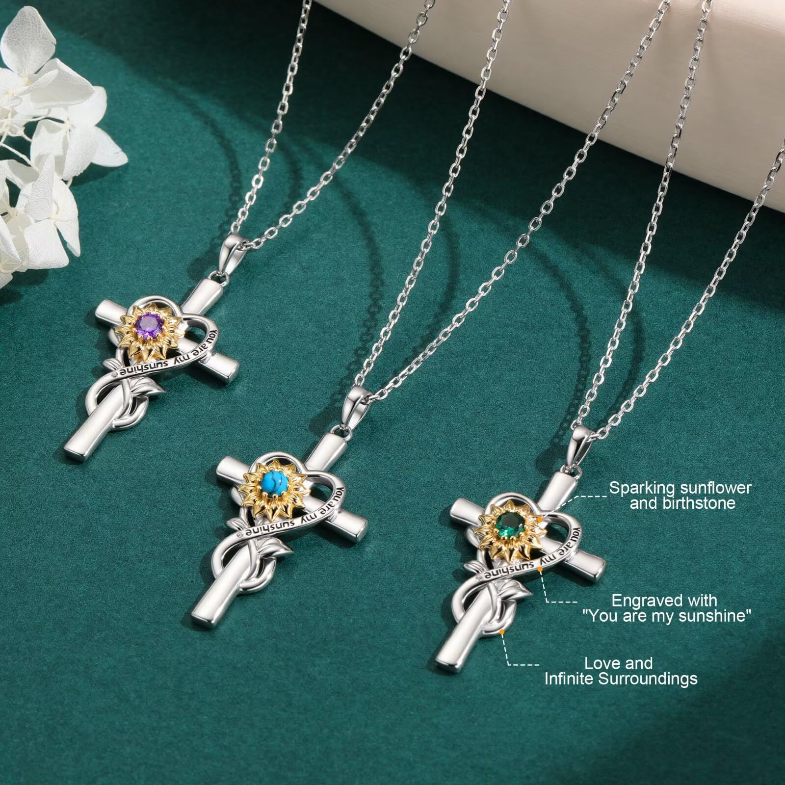 Iefil Mothers Day Gifts for Mom - First Time Mom Gifts | Sunflower Necklace, Simulated Emerald Cross Necklace for Women