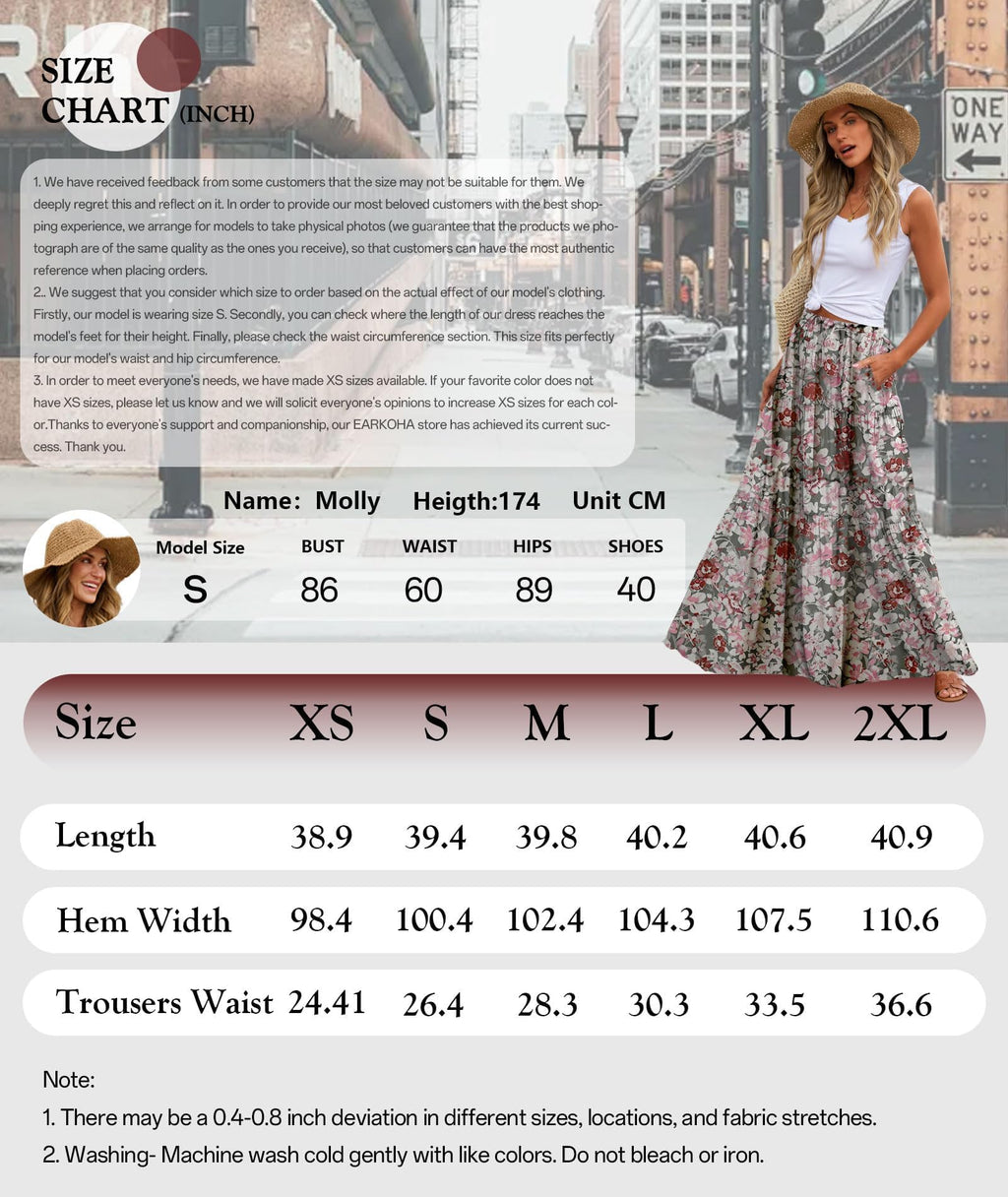 EARKOHA Trendy Lightweight Drawstring Tiered Ruffles Paisley Hippie Plus Size Bohemian Long Maxi Skirt with Deep Pockets for Office Music Festival Travel Picnic Dating Fall Outfits White Floral M