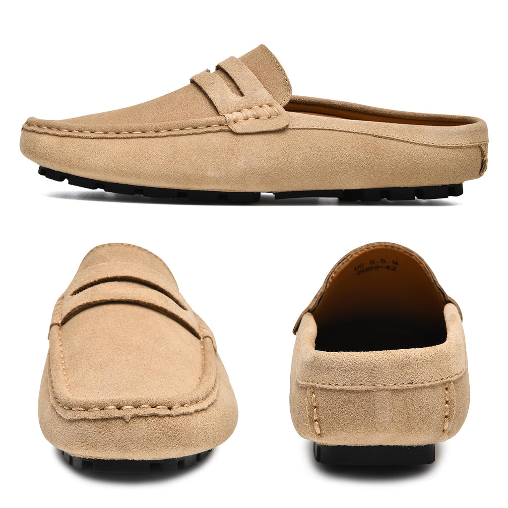 Go Tour Mens Handmade Suede Leather Mules Clog Slippers Breathable Leather Slip on Shoes Casual Loafers Beige 11/46