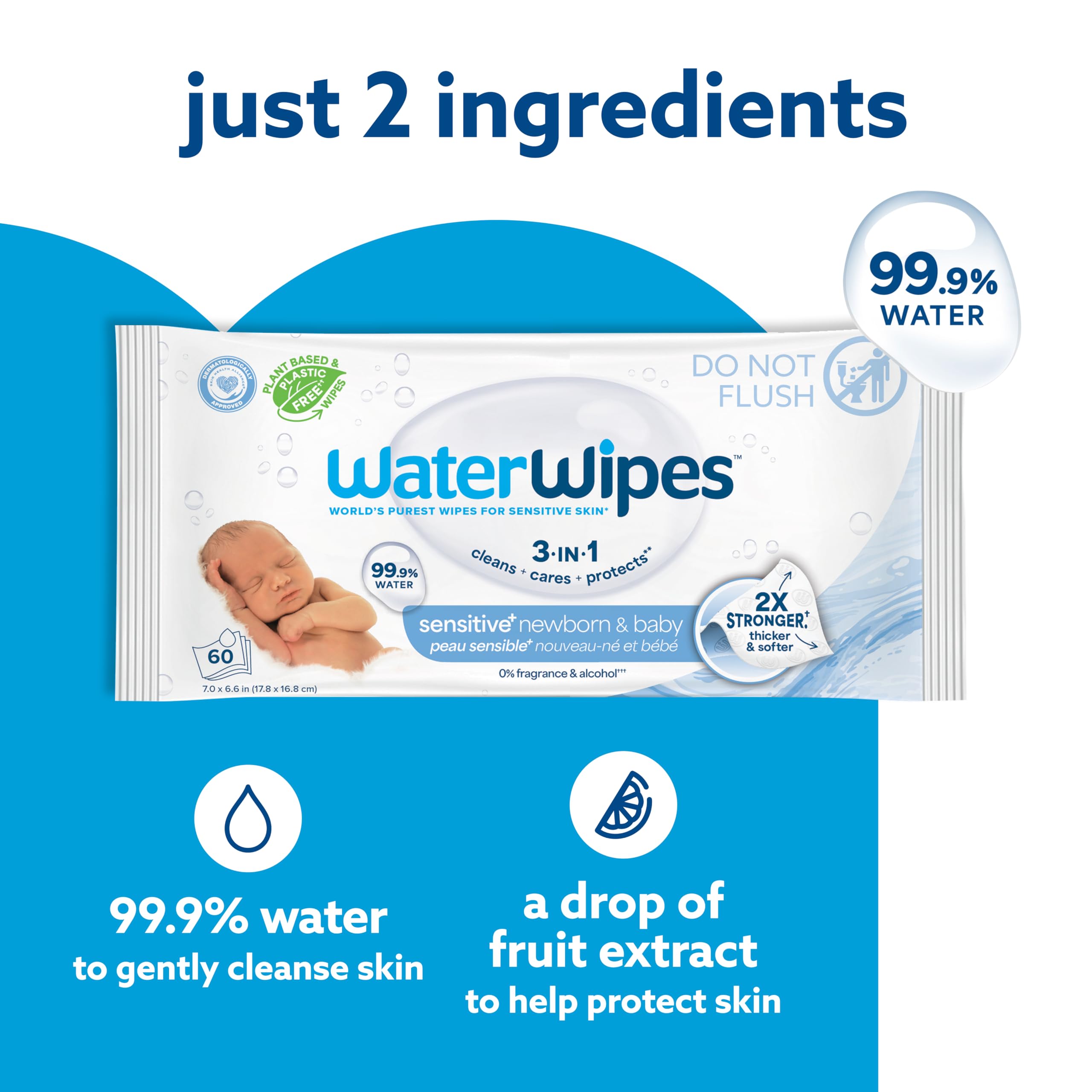 WaterWipes Sensitive+ Newborn & Baby Wipes, 3-In-1 Cleans, Cares, Protects, 99.9% Water, Unscented & Hypoallergenic, 240 Count (4 Packs)