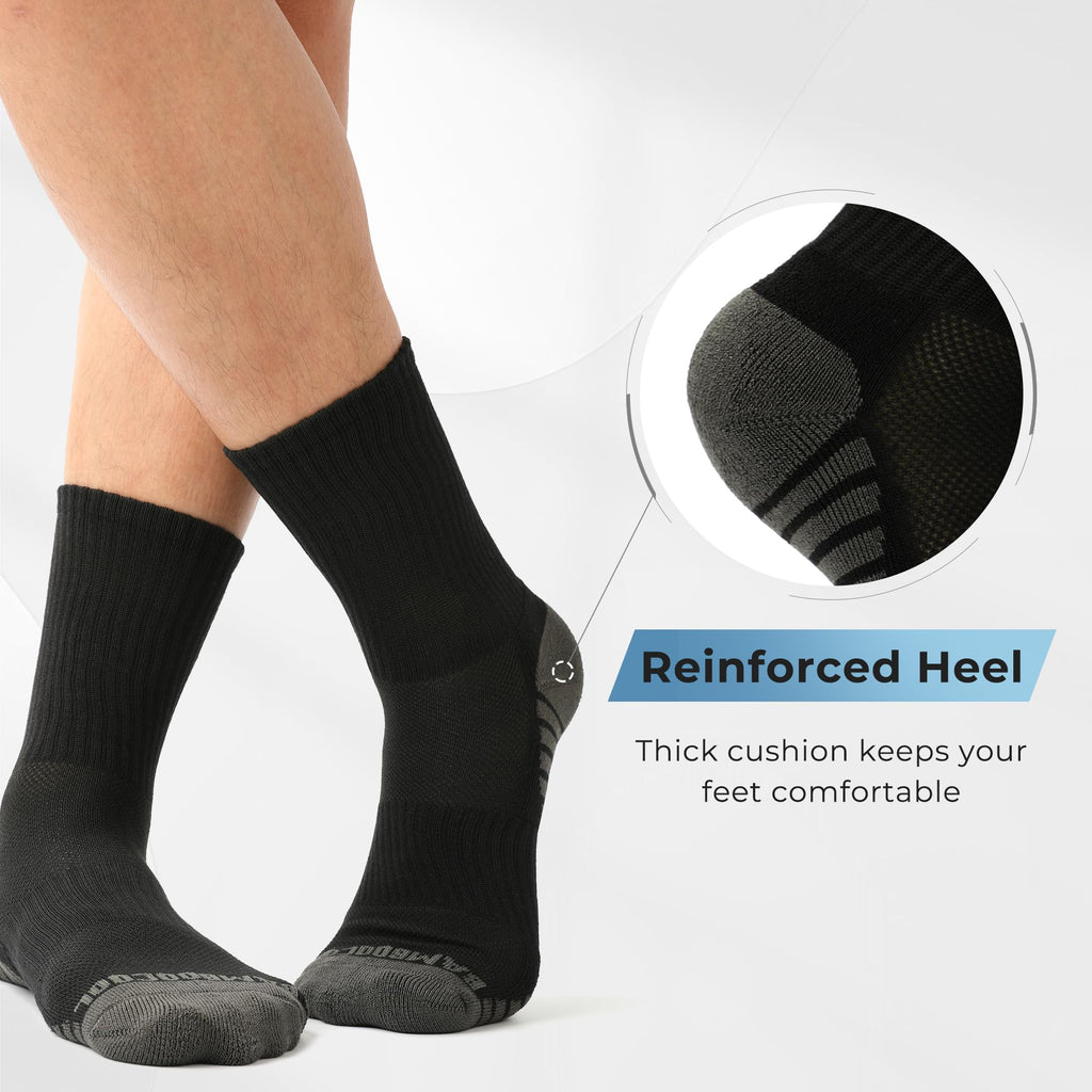 BAMBOO COOL Men's Crew Socks Athletic Running Sports Socks, Cushioned Moisture Wicking, Breathable Arch Support 6 Pack Black
