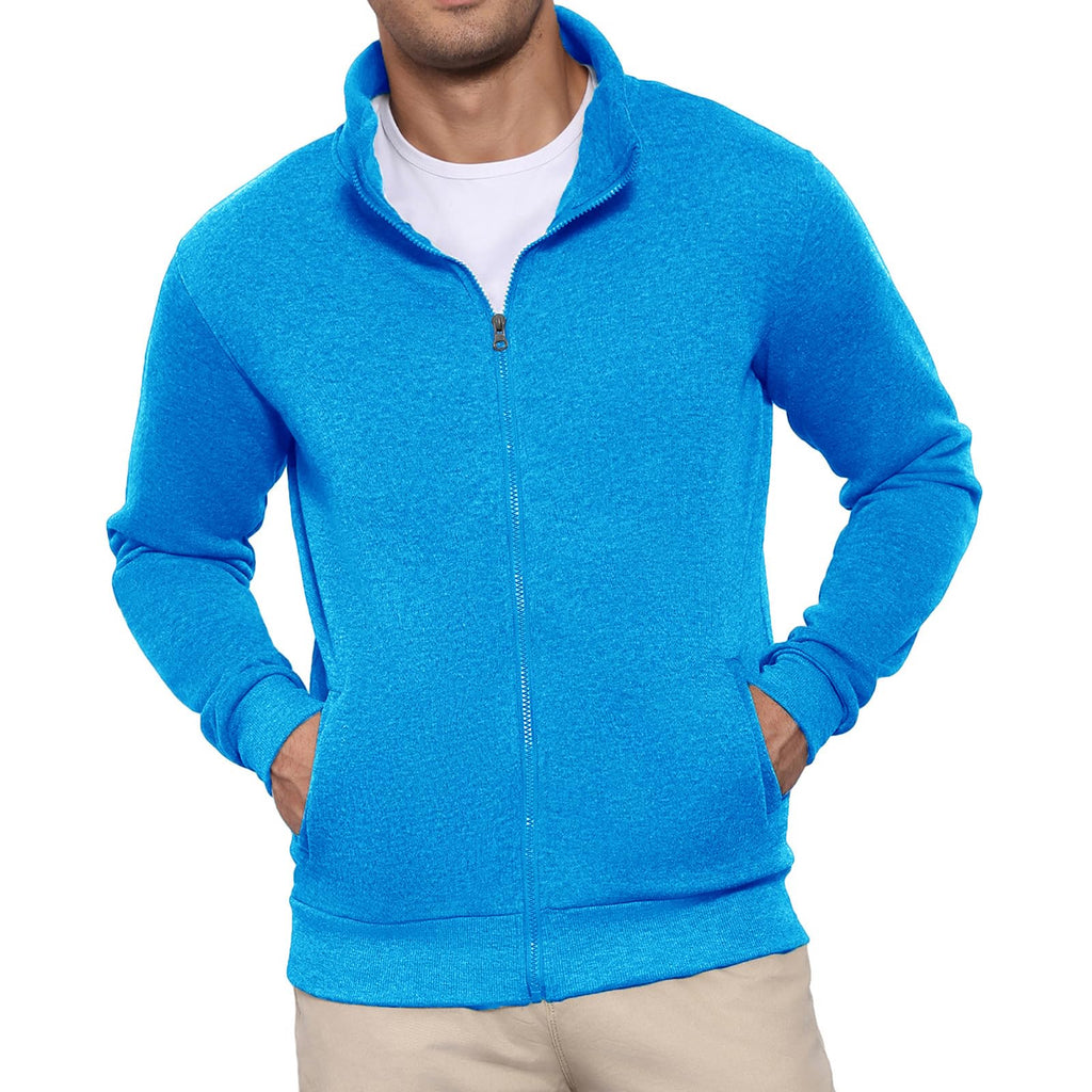 BRAPRO Men's Full-Zip Sweatshirt No Hood Hoodies Stand Collar Cardigan Pockets Jacket Casual & Active Loose Cotton Fleece Blue M