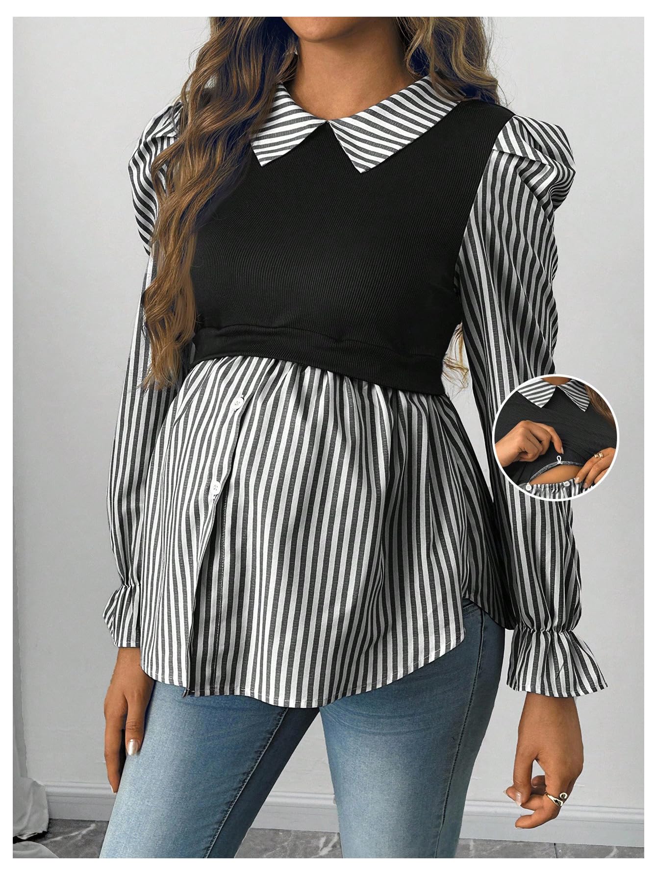 WDIRARA Women's Maternity Striped Button Down Shirts Long Sleeve Collared Blouse 2 in 1 Nursing Top Black Large