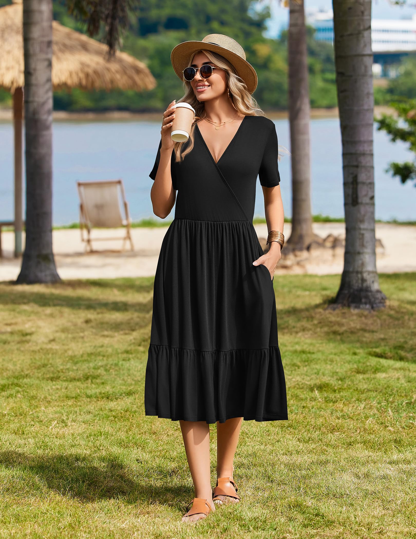 Zeagoo Women's V Neck Wrap Summer Casual Midi Tiered A Line Flowy Wedding Guest Dress with Pockets Short Sleeve Black Dresses