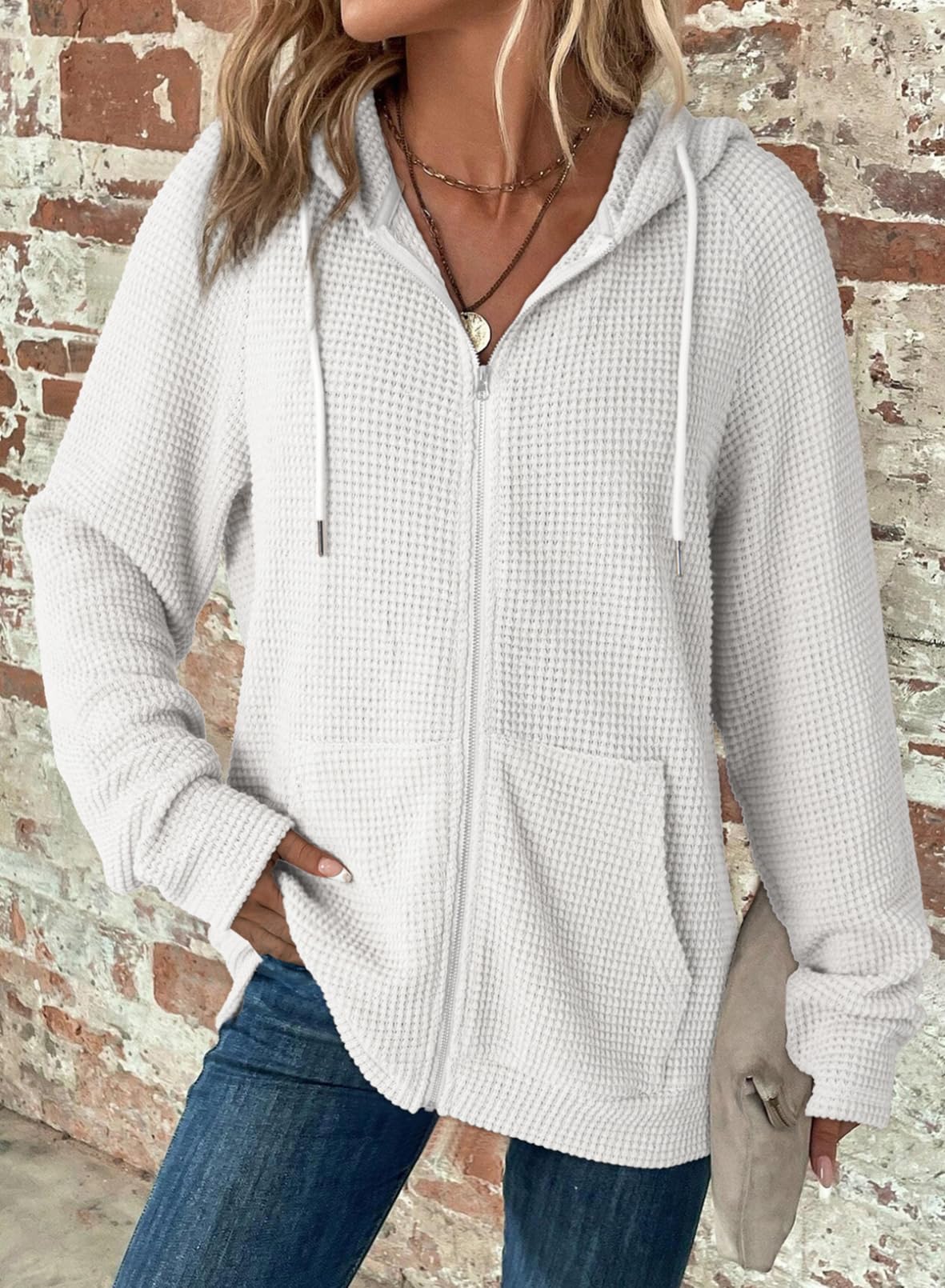 Dokotoo Hoodies for Women Casual Full Zip Up Hoodie Sweatshirt White Early Fall Clothes Solid Color Waffle Knit Long Sleeve Hooded Sweatshirts Pockets Jacket Coat for Women Girls 2026 Fashion Medium