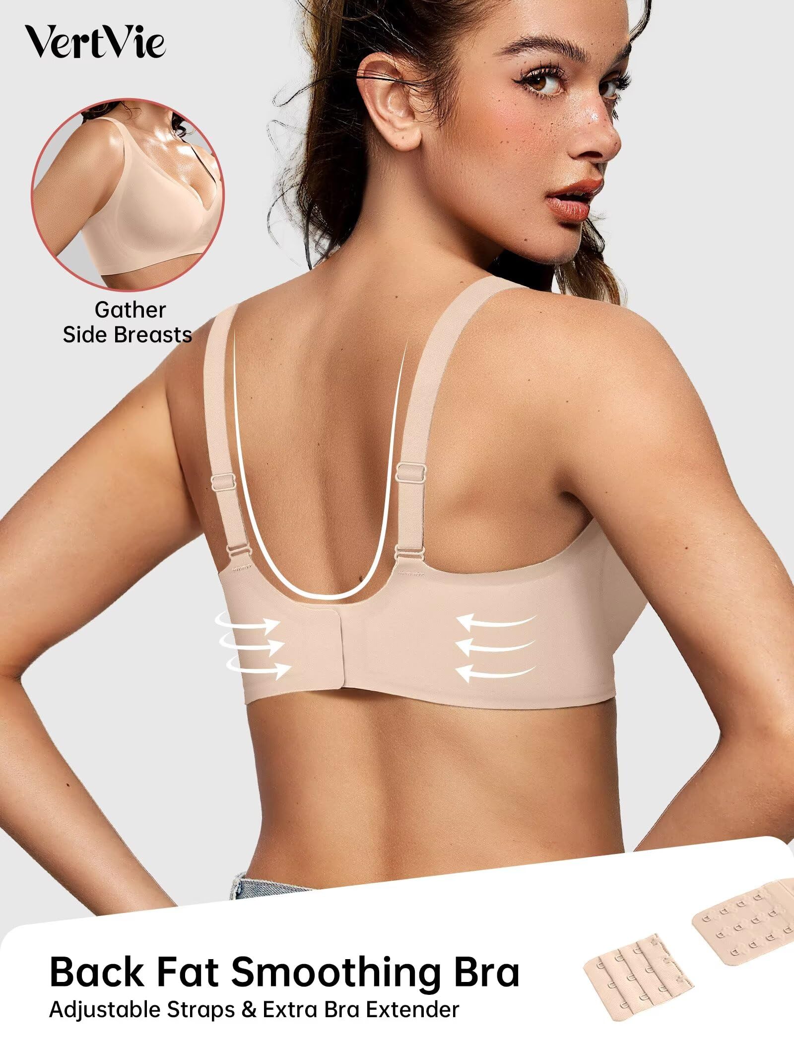 Vertvie Jelly Wireless Bras for Women Push Up Plunge Seamless T-Shirt Bras No Underwire Supportive Full Coverage Bralettes(Nude,Large)