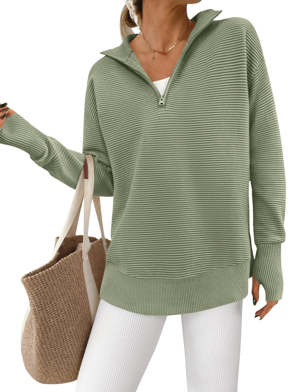 PRETTYGARDEN Womens Long Sleeve Quarter Zip Pullover Sweater Casual Loose V Neck Collared Ribbed Knit Jumper Tops Thumb Hole(Grey Green,Small)