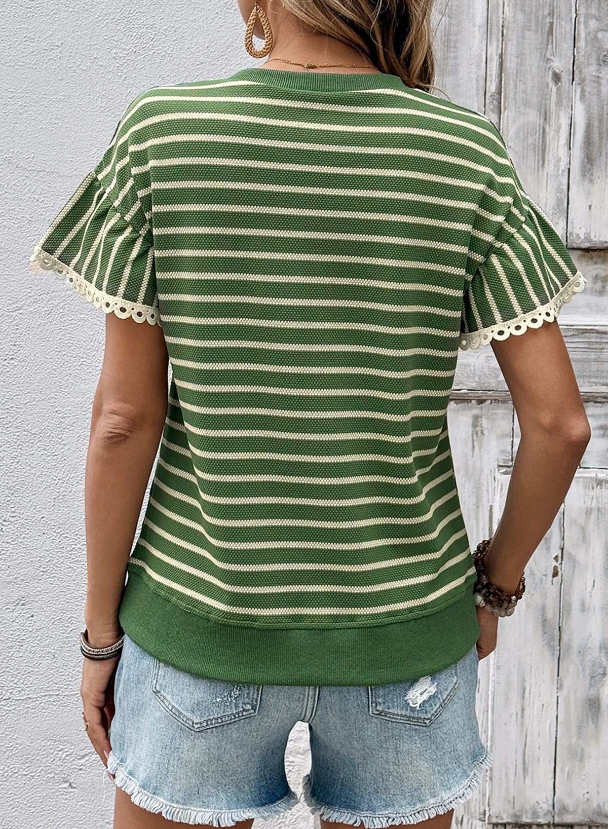SHEWIN Women Summer Tops Ruffle Short Sleeve Shirts Business Dressy Blouse Casual Fashion Trendy Sweaters Loose Fit Work 2026 Clothes Size L, Beige and Green Stripe