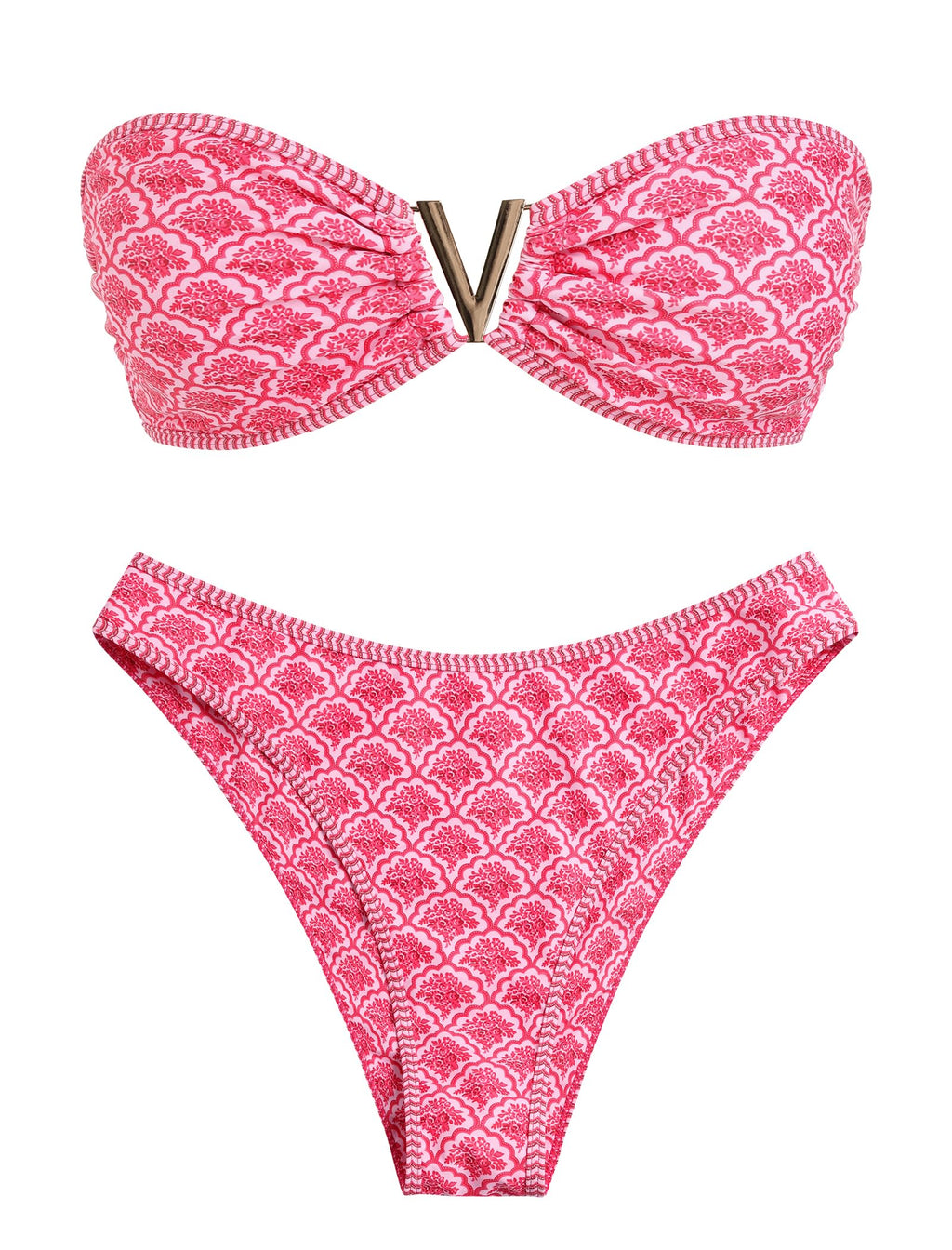 ZAFUL Women's Bandeau Bikini V Strapless Confetti Colorblock Tie Back High Cut Two Piece Swimsuit Bathing Suits (3-Coral Red, M)