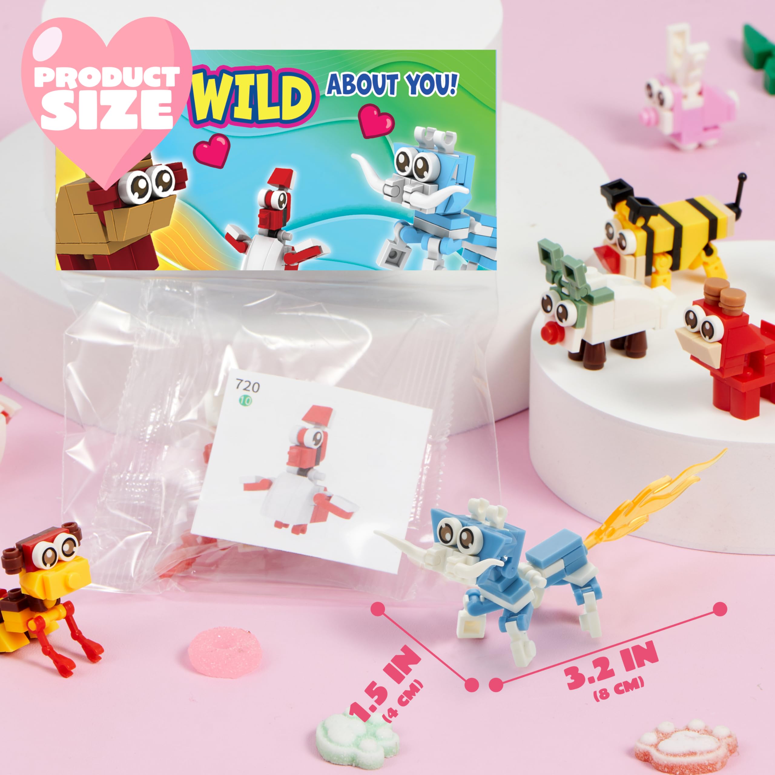 JOYIN 24 Packs Valentines Day Gift Cards with Animal Building Blocks for Party Favor Toy, Valentine's Classroom Exchange, Kids Classroom School Prize