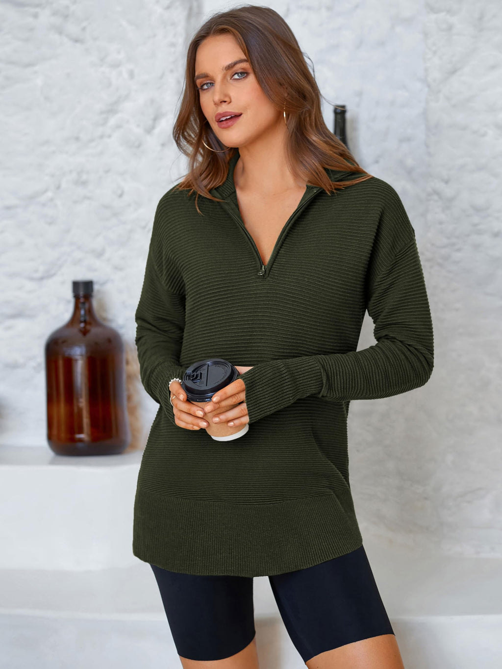 PRETTYGARDEN Womens Long Sleeve Quarter Zip Pullover Sweater Casual Loose V Neck Collared Ribbed Knit Jumper Tops Thumb Hole(Army Green,Medium)
