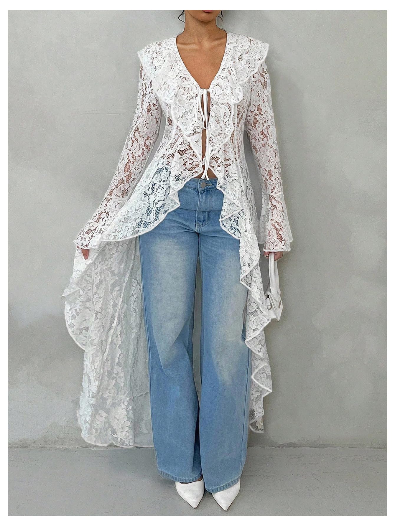 WDIRARA Women's Floral Lace Tie Front Blouse Long Bell Sleeve V Neck Ruffle Tops High Low Shirts White X-Large