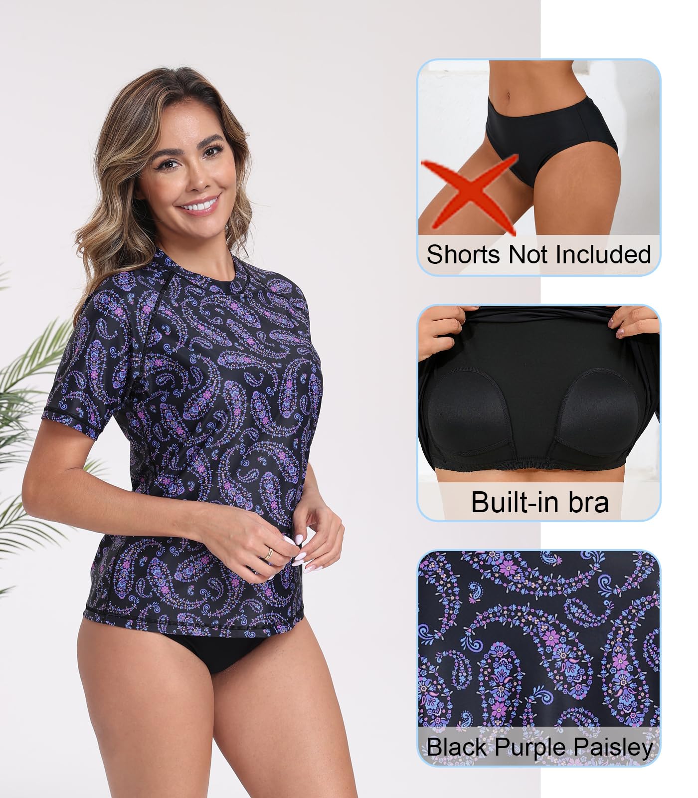 Halcurt Women's Short Sleeve Rash Guard Swimsuit Top with Built in Bra Swim Shirt UPF50+ Quick Dry Bathing Suit Paisley M