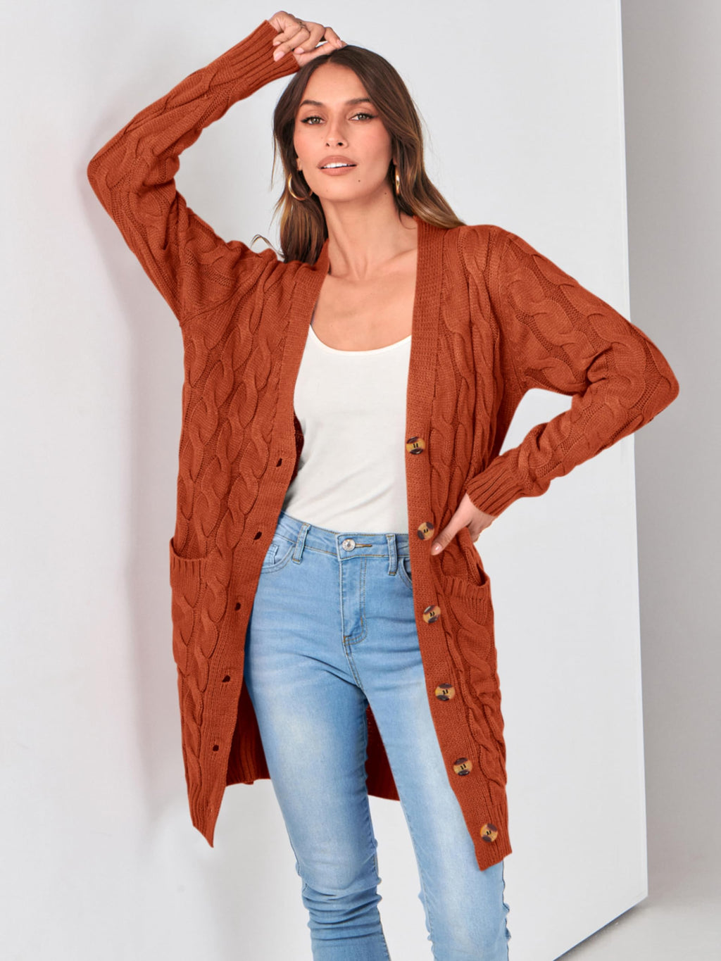 PRETTYGARDEN Long Sleeve Cable Knit Long Cardigan for Women 2026 Spring Winter Chunky Open Front Button Sweaters with Pockets(Caramel,Small)