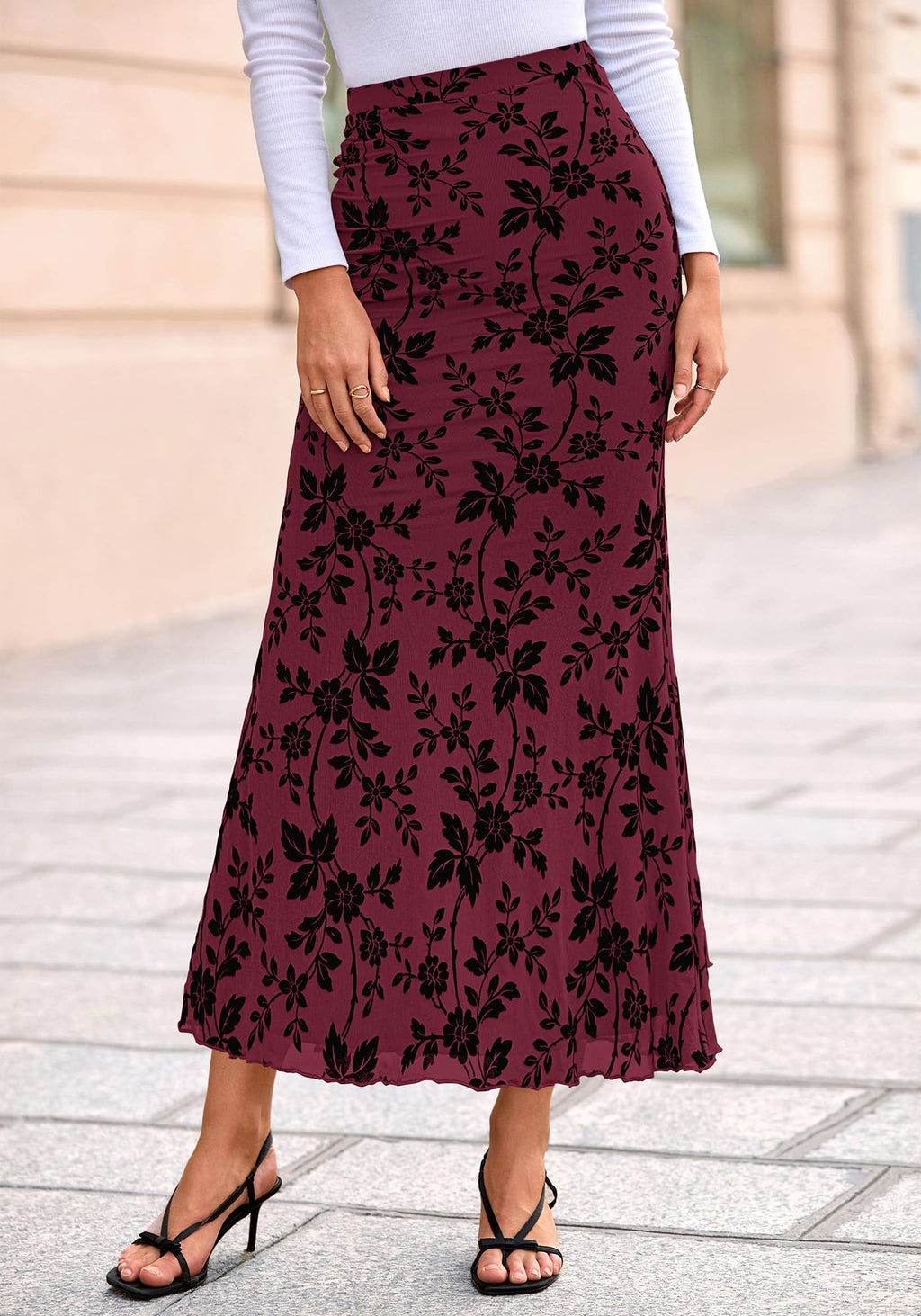 BTFBM Womens Floral Mesh Maxi Skirt 2026 Spring Summer Elastic High Waisted Boho Elegant Mermaid Long Skirts for Women(Burgundy, Medium)