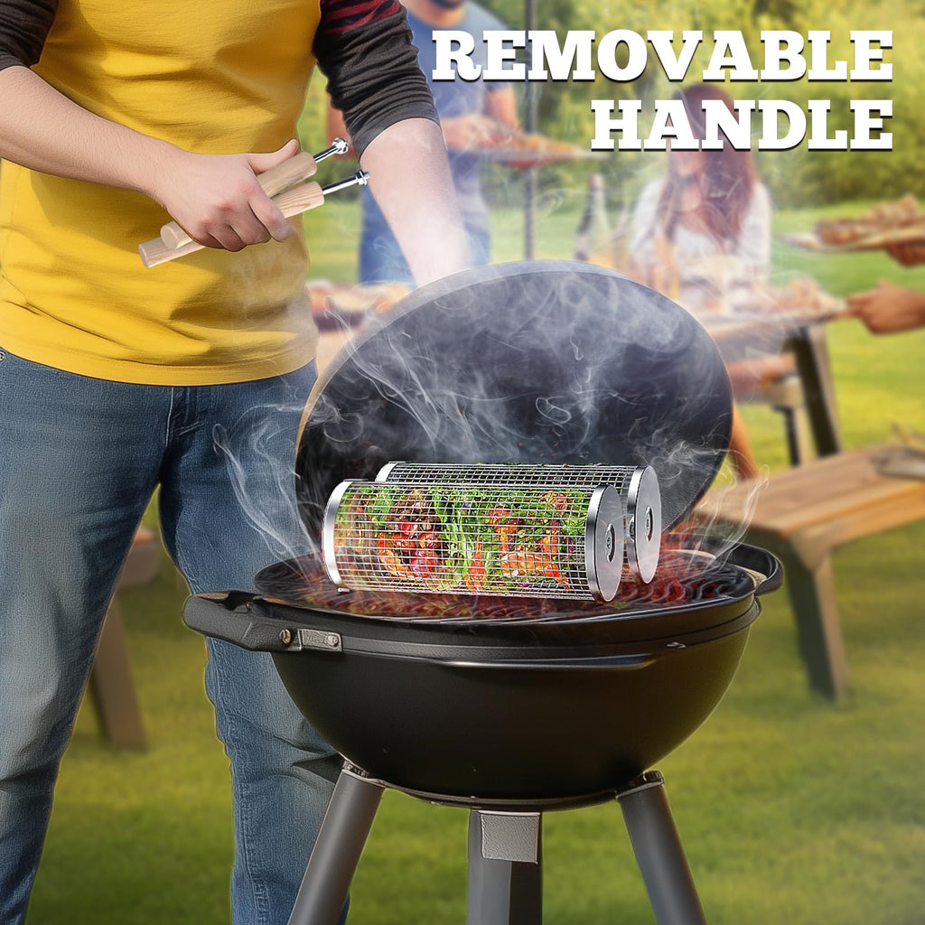 ivtivfu Rolling Grill Basket, Removable Wooden Handle, 304 Stainless Steel, Nesting BBQ Tools, Smoker Grilling Accessories for Vegetable, Outdoor Cooking Camping, Birthday Gifts for Men Dad Husband