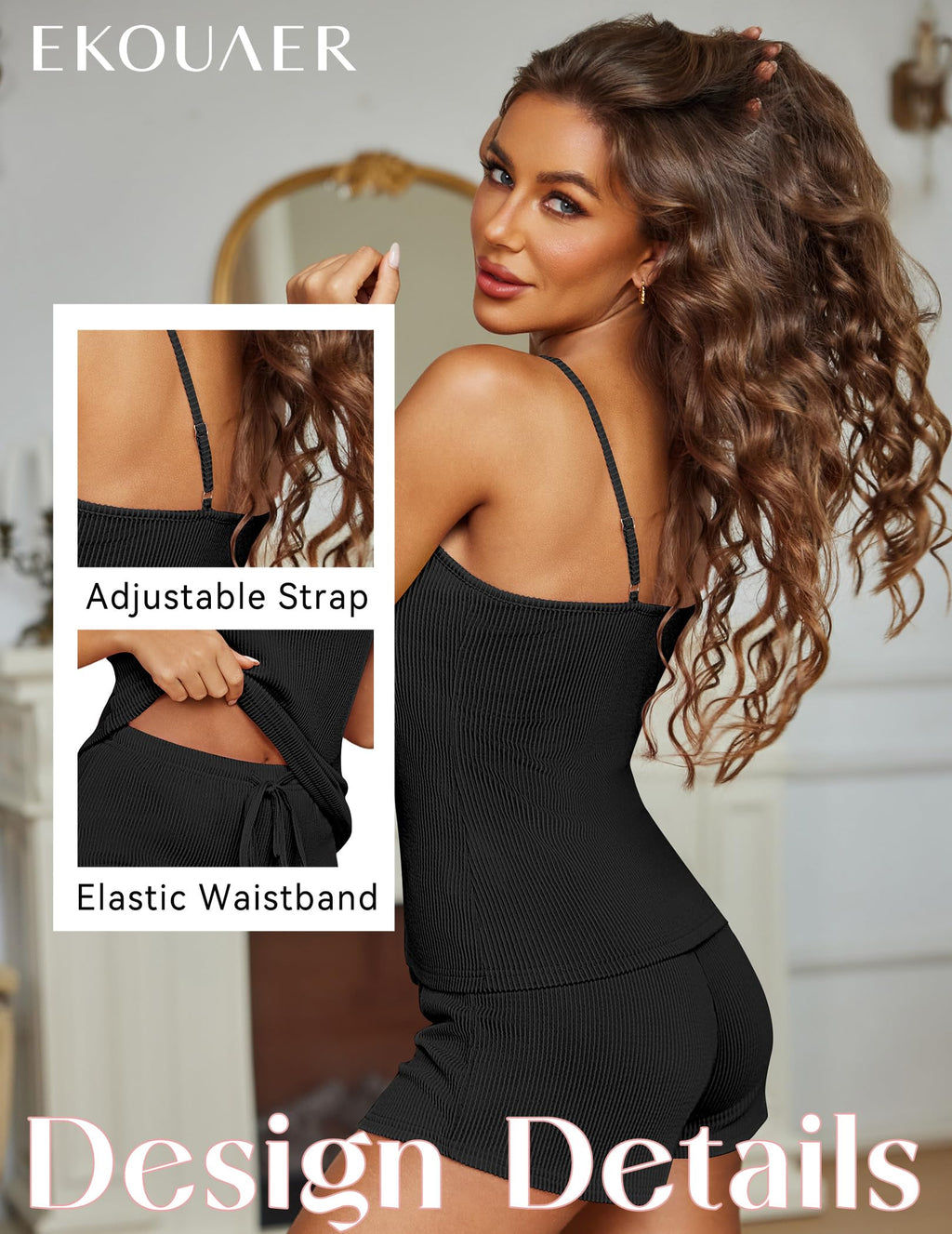 Ekouaer Pajama Sets for Women Lingerie Sleepwear Soft Pjs 2 Piece Cami Shorts Set U Neck Adjustable Strap Nightwear Black L