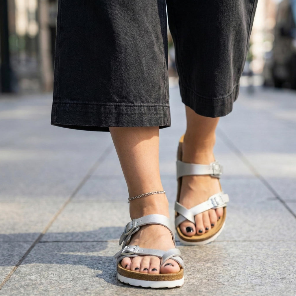 CUSHIONAIRE Luna Sandals for Women, Cork Footbed Womens Sandals for Summer Comfort with Adjustable Straps, Wide Width Available, SILVER 7W