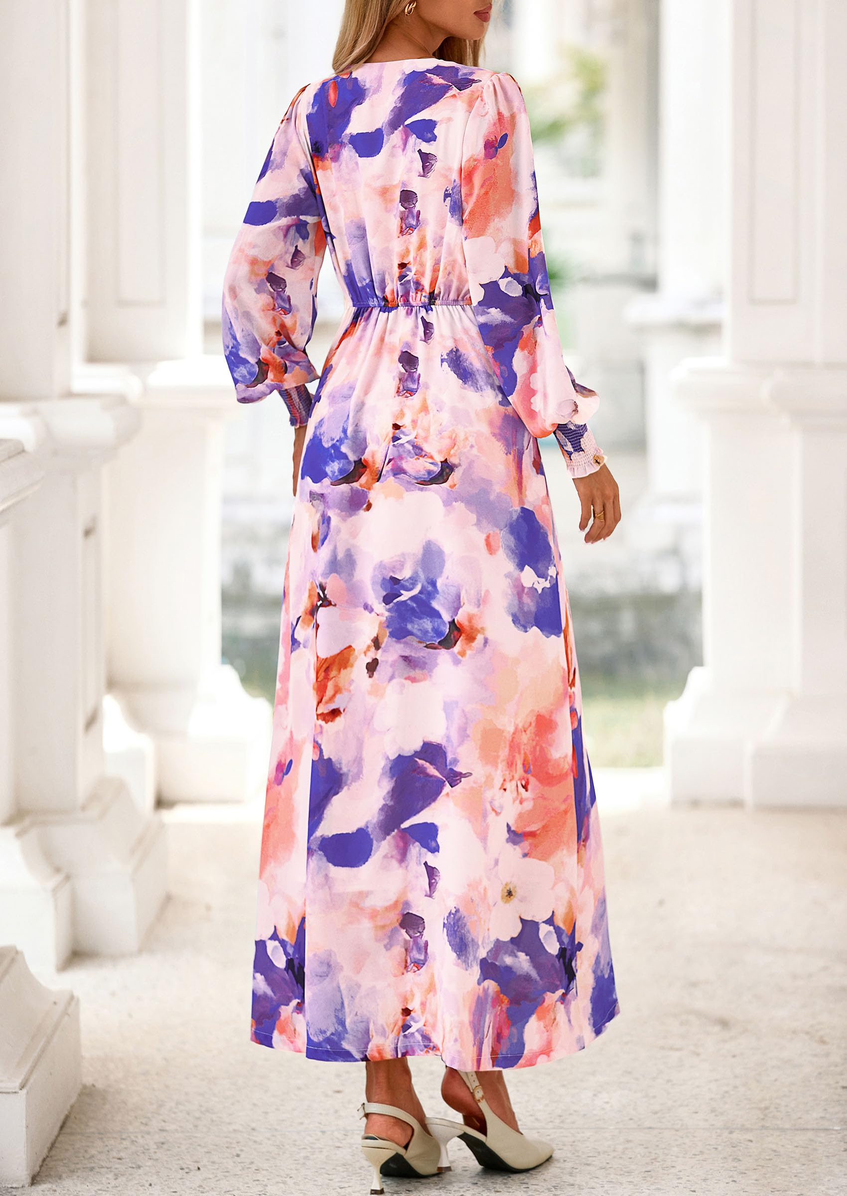 PRETTYGARDEN Women's 2026 Spring Wedding Guest Dresses Floral Long Sleeve V Neck Belted Long Flowy Boho Maxi Dress (Floral Multicolored,X-Large)