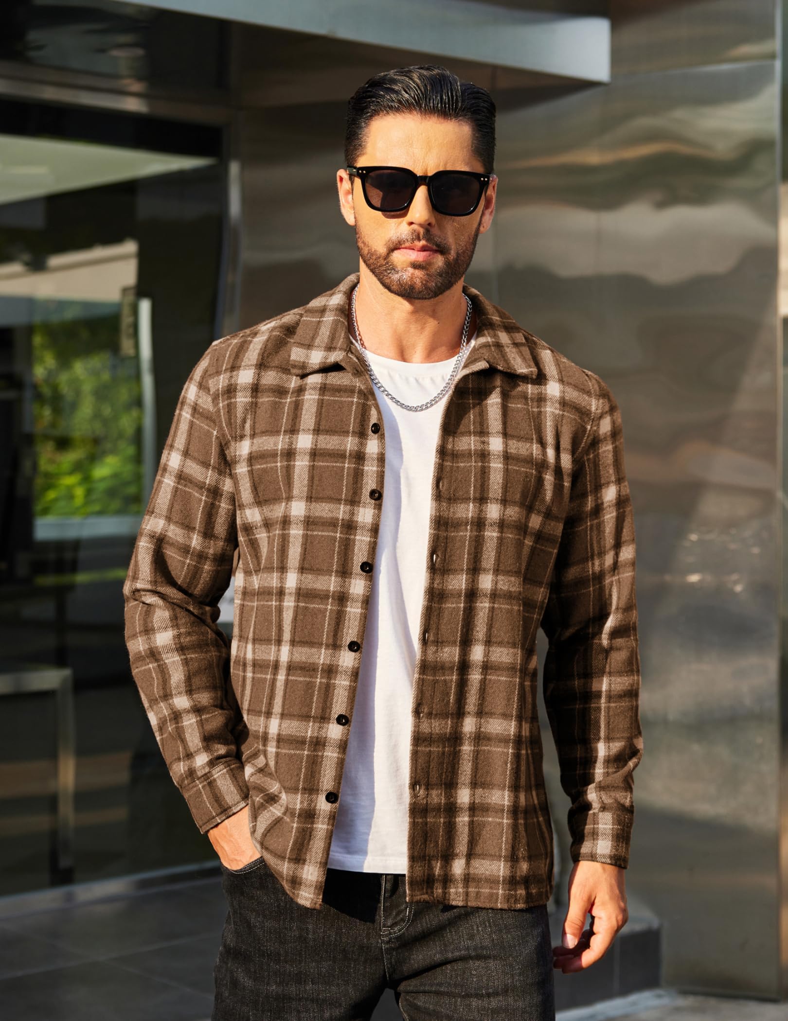 COOFANDY Men's Brown Flannel Plaid Jacket Regular Fit Long Sleeve Button Down Shirts Vintage Western Shacket
