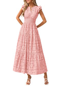 PRETTYGARDEN Womens Boho Maxi Dresses 2026 Summer Floral Lace Eyelet V Neck Spring Wedding Guest Dress Beach Vacation Clothes (Pink,Small)