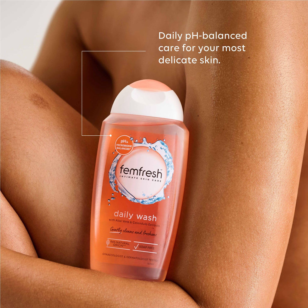Femfresh Daily Intimate Wash, Feminine Hygiene Shower & Bath Gel Cleanser, pH Balanced, Soap Free Feminine Wash with Aloe Vera & Calendula, Hypoallergenic, 250ml