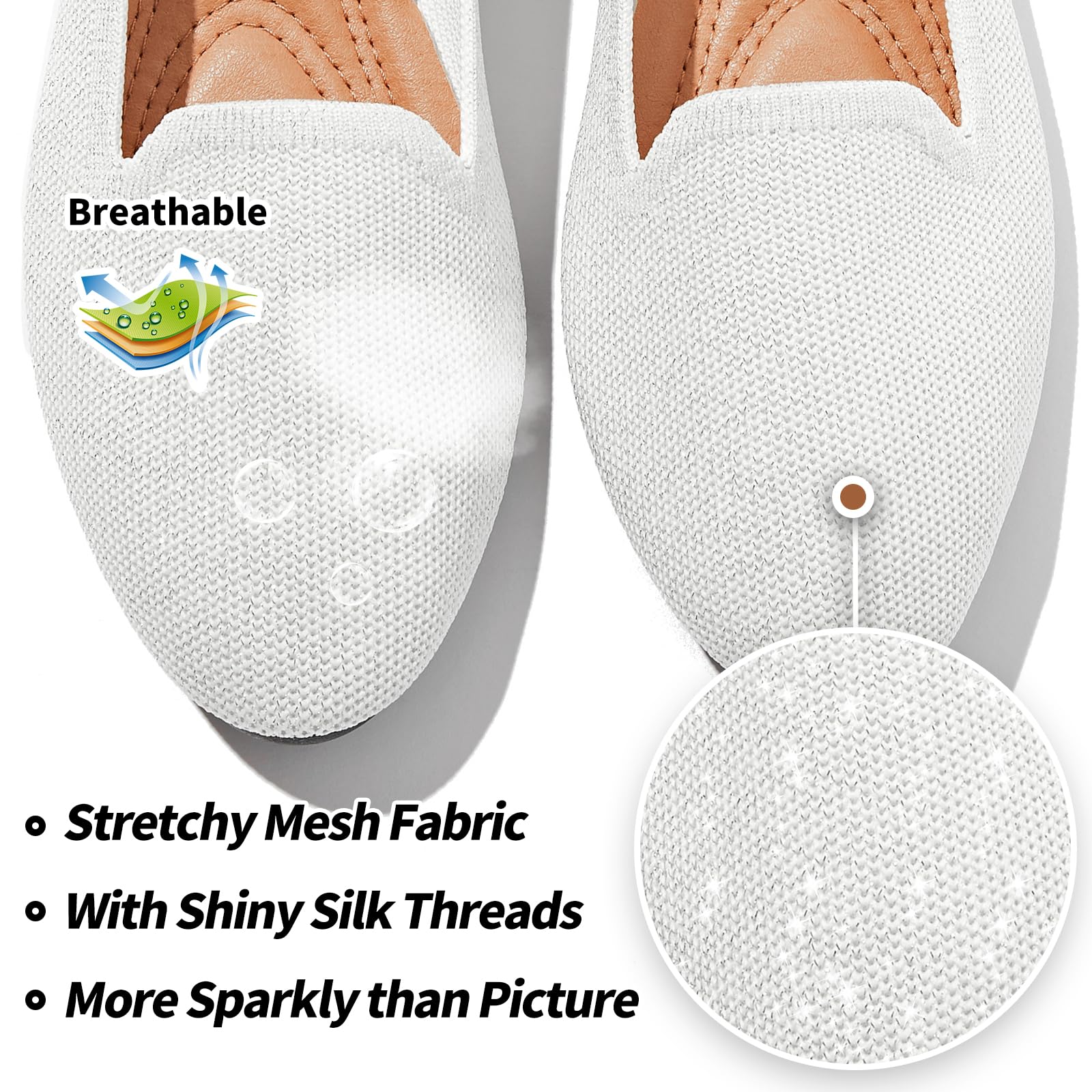 BABUDOG Women's Sparkly Flats Shoes Shiny Mesh Loafers Shoes Soft Memory Foam Flats(Sparkly White.US9)