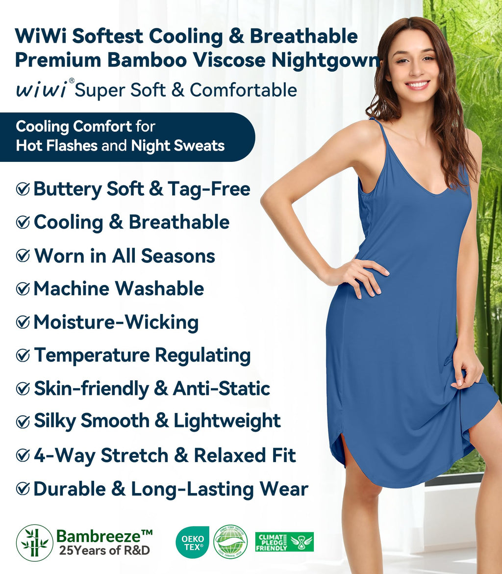 WiWi Bamboo Viscose Slip Dress for Women Super Soft Chemise Plus Size Nightgown Cooling Dresses S-4X, Prussian Blue, Large