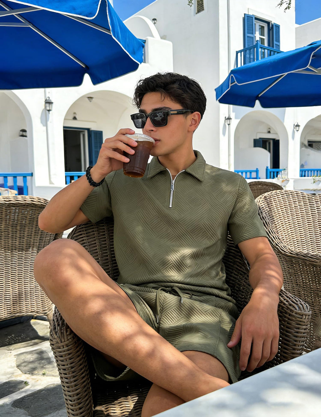 UOUA Mens Track Suits 2 Piece Sets Summer Outfits Short Sleeve Quarter Zip Golf Polo Shirts & Shorts Loungewear Casual Sweatsuit Army Green M