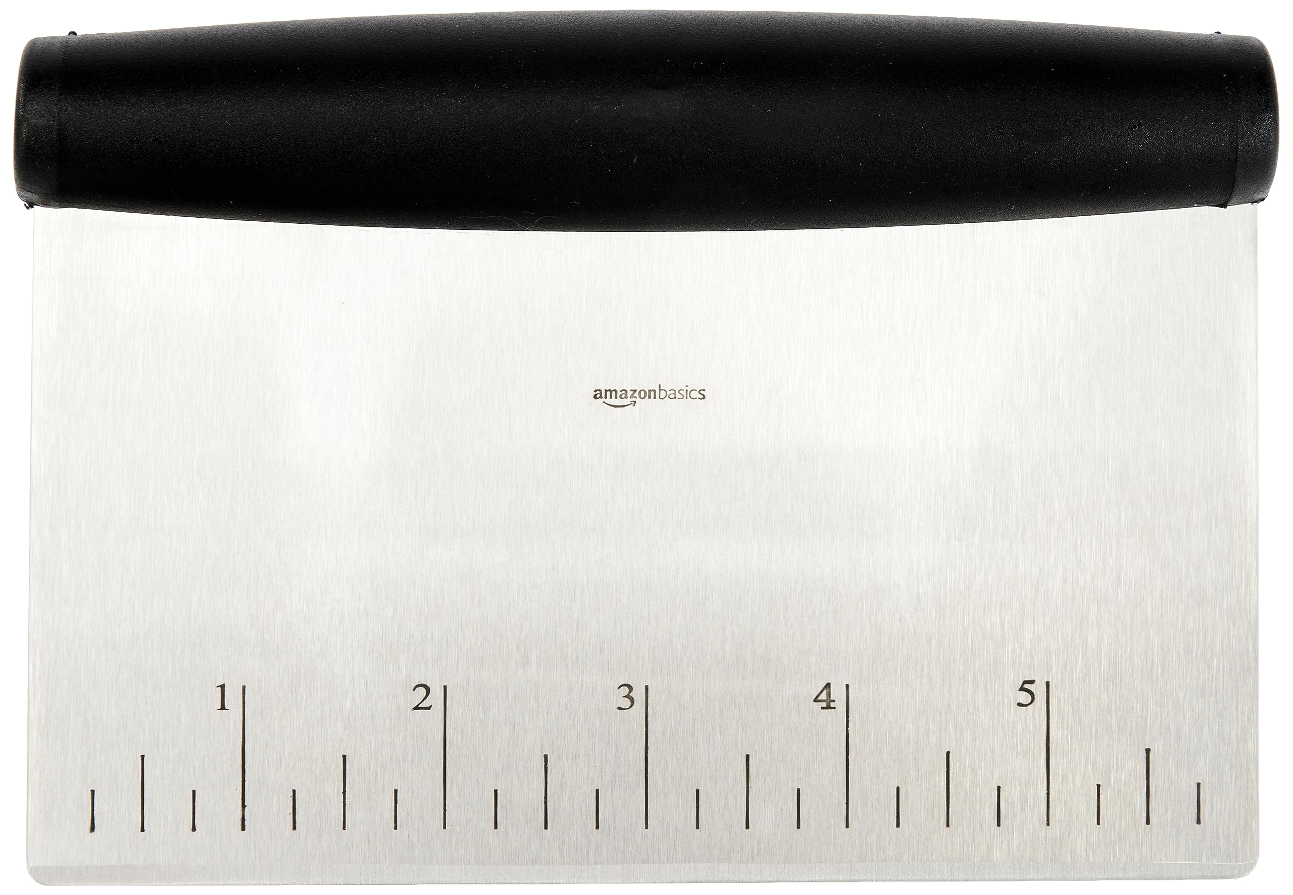 Amazon Basics Multi-Purpose Bench Scraper, Stainless Steel Dough Cutter with Measurement Marks, Dishwasher Safe, Non-slip Contoured Grip, 6", Black, Silver