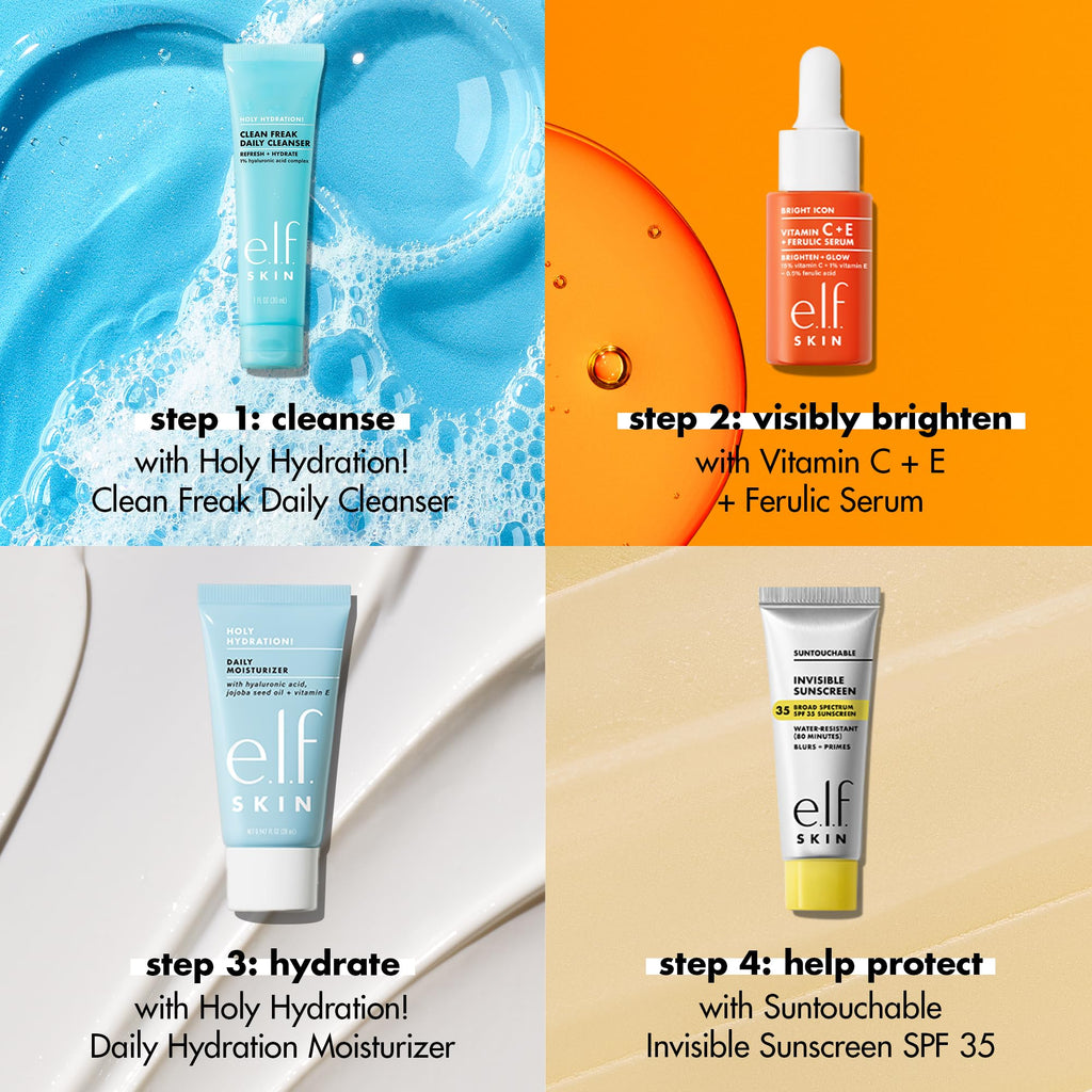 e.l.f. SKIN Wake the e.l.f. Up Skincare Kit, Travel-Size Hydrating Face Cleanser, Sunscreen, Moisturizer & Brightening Serum, Vegan & Cruelty-Free