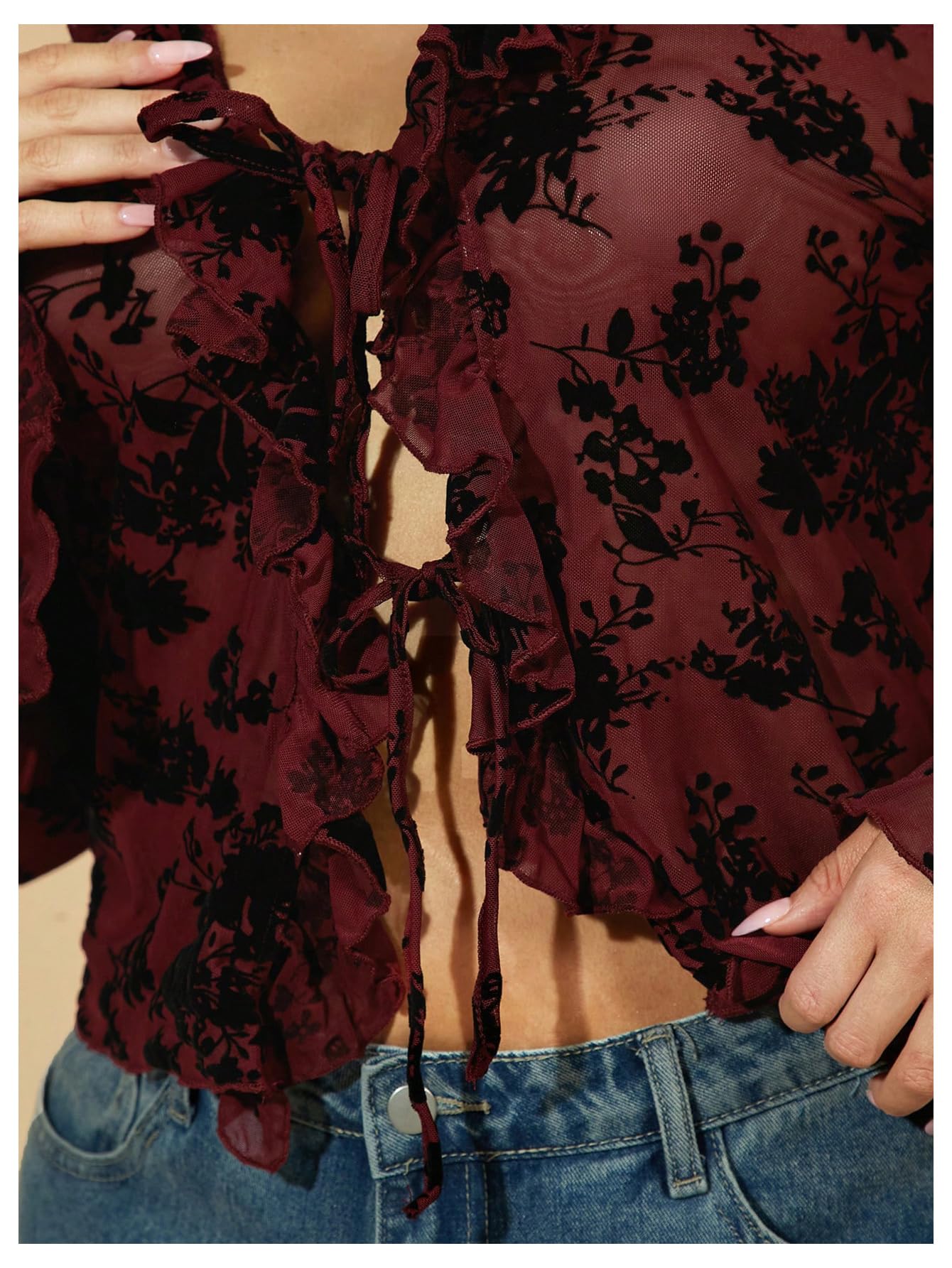 WDIRARA Women's Plus Size Floral Lace Sheer T Shirt Tie Front Long Bell Sleeve Tee Going Out Tops Burgundy X-Large Plus