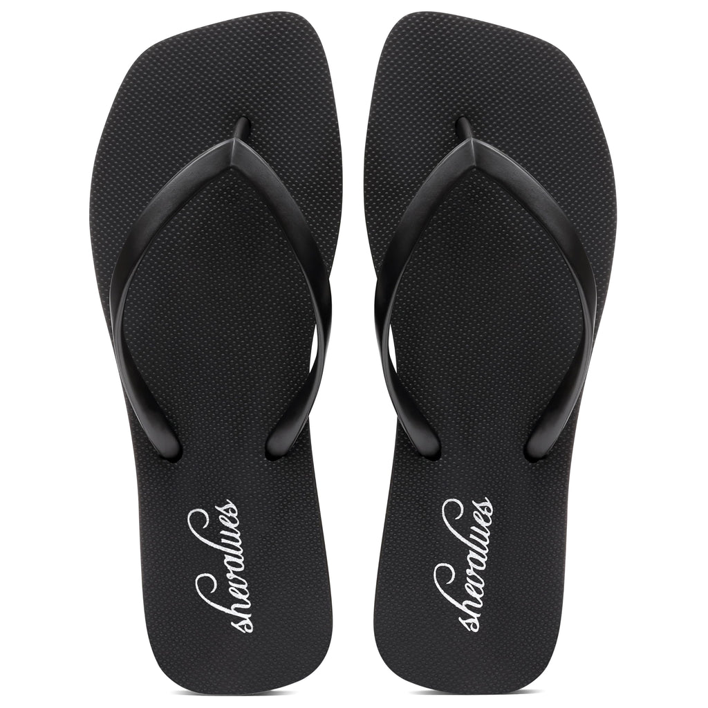 shevalues Women's Slim Square Toe Flip Flops Comfortable Summer Rubber Thong Sandals for Beach, Shower & Pool, Black, EU39