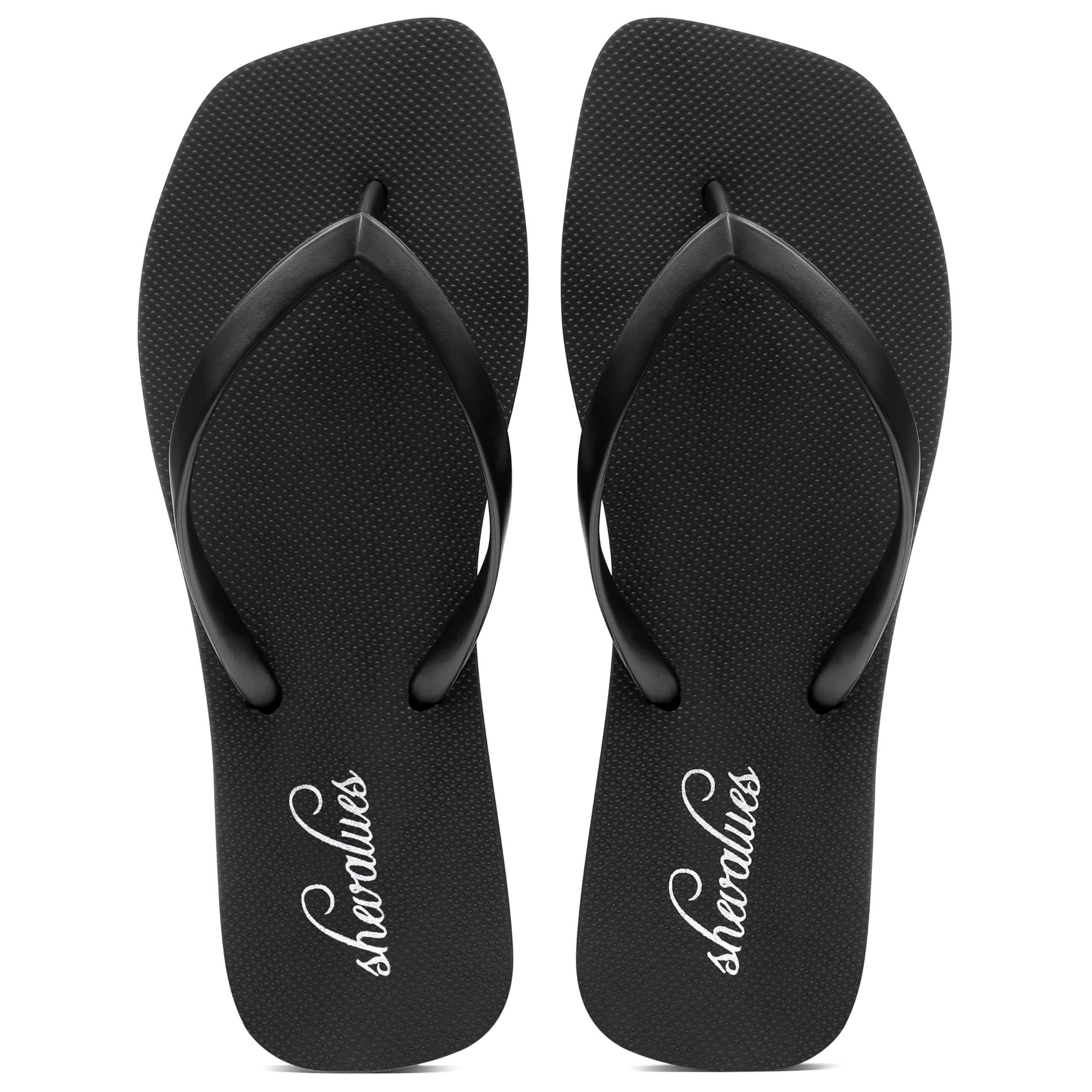 shevalues Women's Slim Square Toe Flip Flops Comfortable Summer Rubber Thong Sandals for Beach, Shower & Pool, Black, EU39