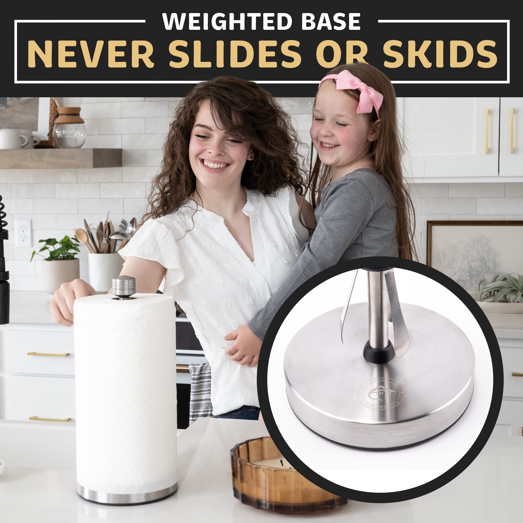 Dear Household Stainless Steel Paper Towel Holder Easy One-Handed Operation - This Sturdy Weighted Paper Towel Dispenser Countertop Model Has Suction Cups and Holds All Paper Towel Rolls - Silver