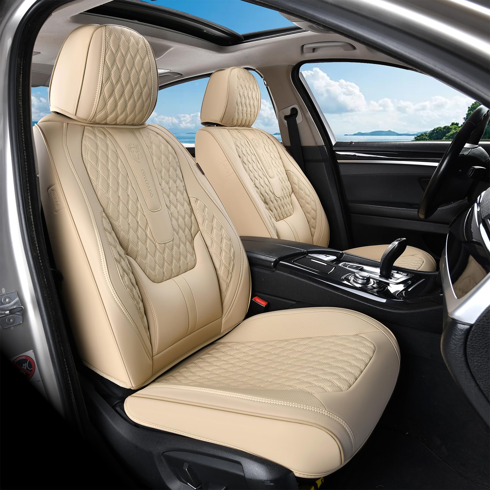 Coverado Car Seat Covers Full Set, Nappa Leather Seat Covers for Car, Waterproof Car Seat Protector with Lumbar Support, Automotive Seat Covers Universal Fit for Most Cars SUV Trucks (Beige)