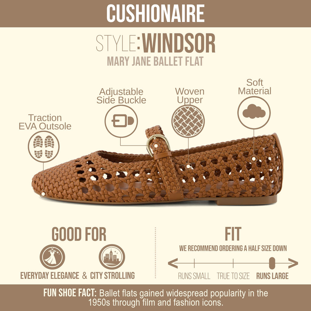 CUSHIONAIRE Windsor Woven Womens Flats with Adjustable Strap – Comfortable Mary Jane Ballet Flats for Women, Cognac 8.5
