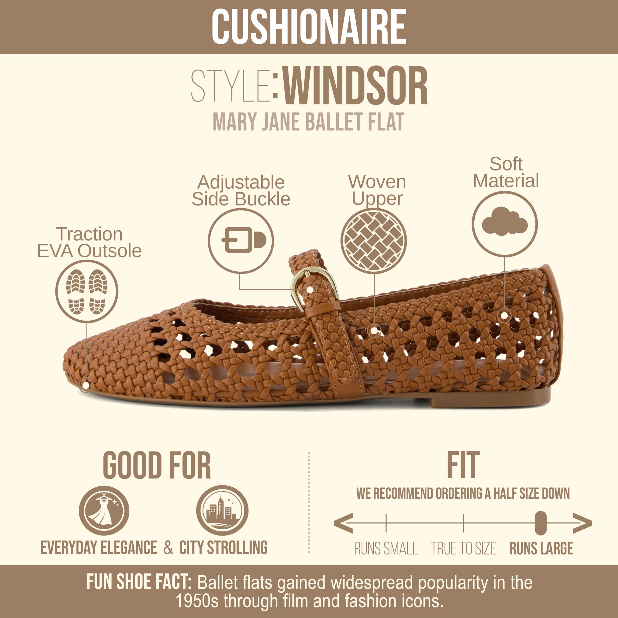 CUSHIONAIRE Windsor Woven Womens Flats with Adjustable Strap – Comfortable Mary Jane Ballet Flats for Women, Cognac 8.5