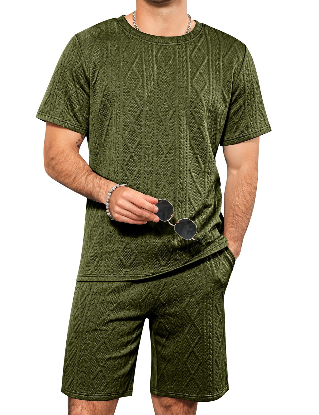 Babioboa Men's Short Sets 2 Piece Jacquard Outfit Summer Crewneck Shirt and Shorts Set Matching Lounge Set(Army Green,S)