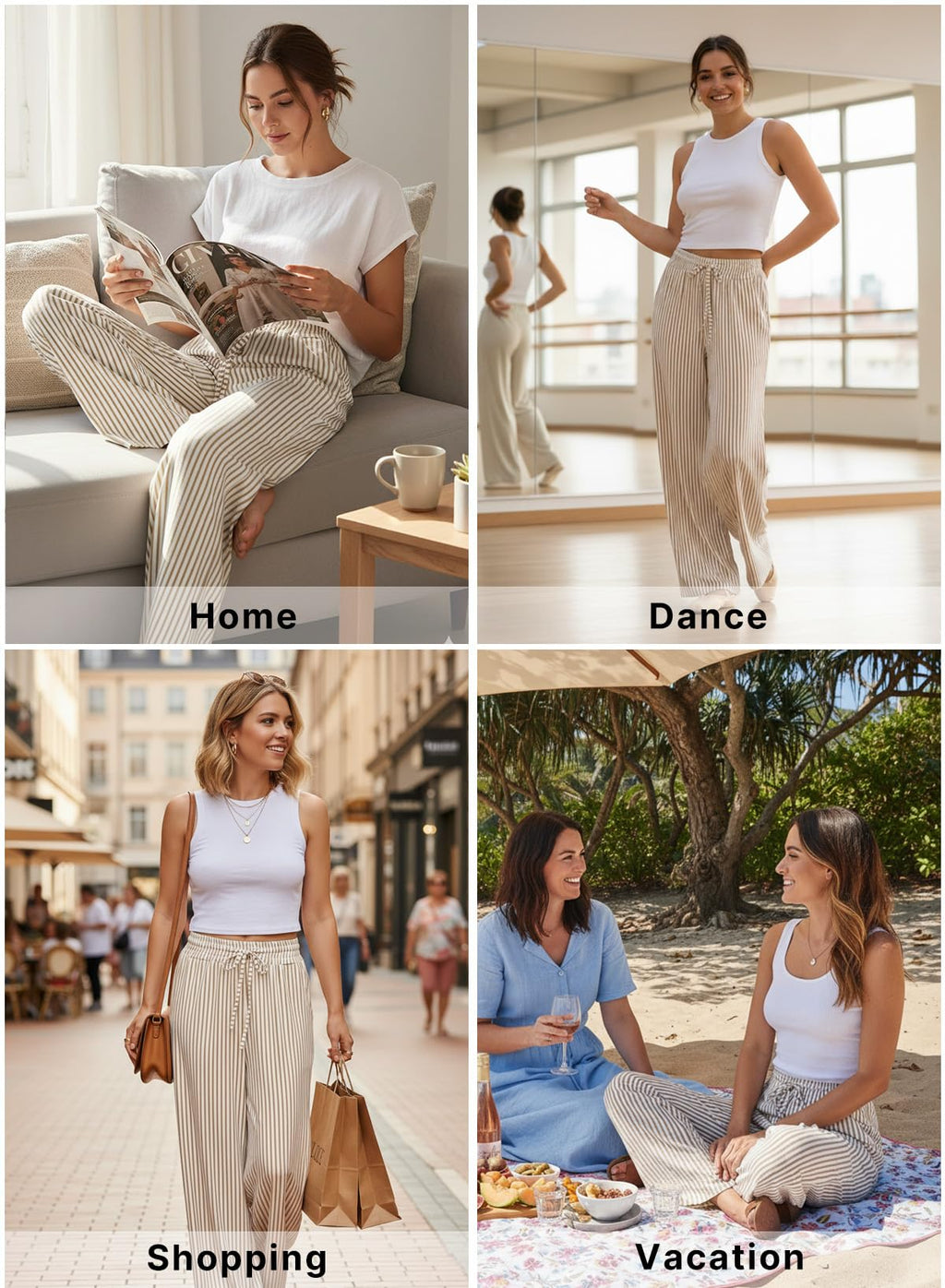 Acelitt Women Casual Striped Wide Leg Pants Drawstring Elastic High Waisted 2026 Summer Fashion Beach Pants Trousers with Pockets Khaki Small