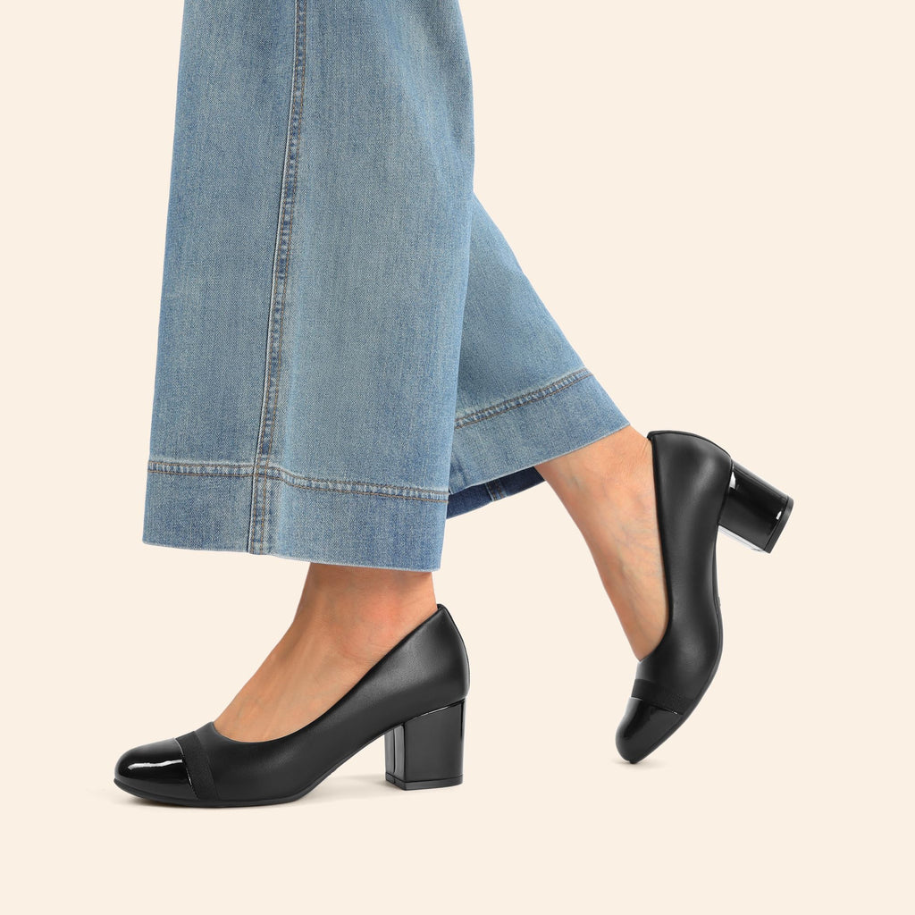 DREAM PAIRS Women's Pumps Low Chunky Block Heel Dress Shoes Closed Round Toe Comfortable Heels,Size 8W,Black-Pat,SDPU24031W-W