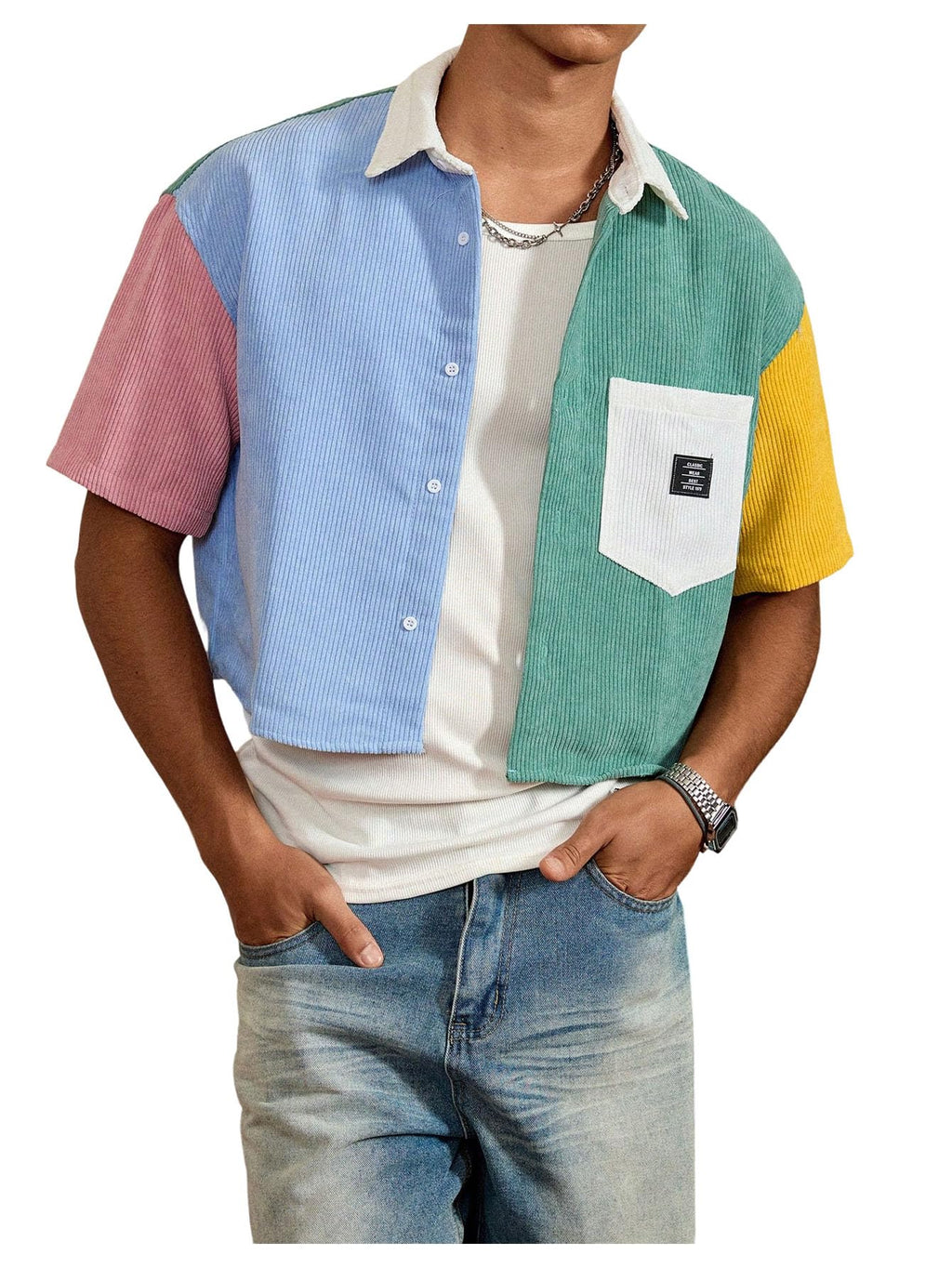 GORGLITTER Men's Striped Cropped Shirt Button Down Cool Short Sleeve Colorblock Collar Casual Streetwear Crop Top Tee Multicolor Large