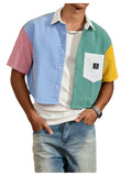 GORGLITTER Men's Striped Cropped Shirt Button Down Cool Short Sleeve Colorblock Collar Casual Streetwear Crop Top Tee Multicolor Large
