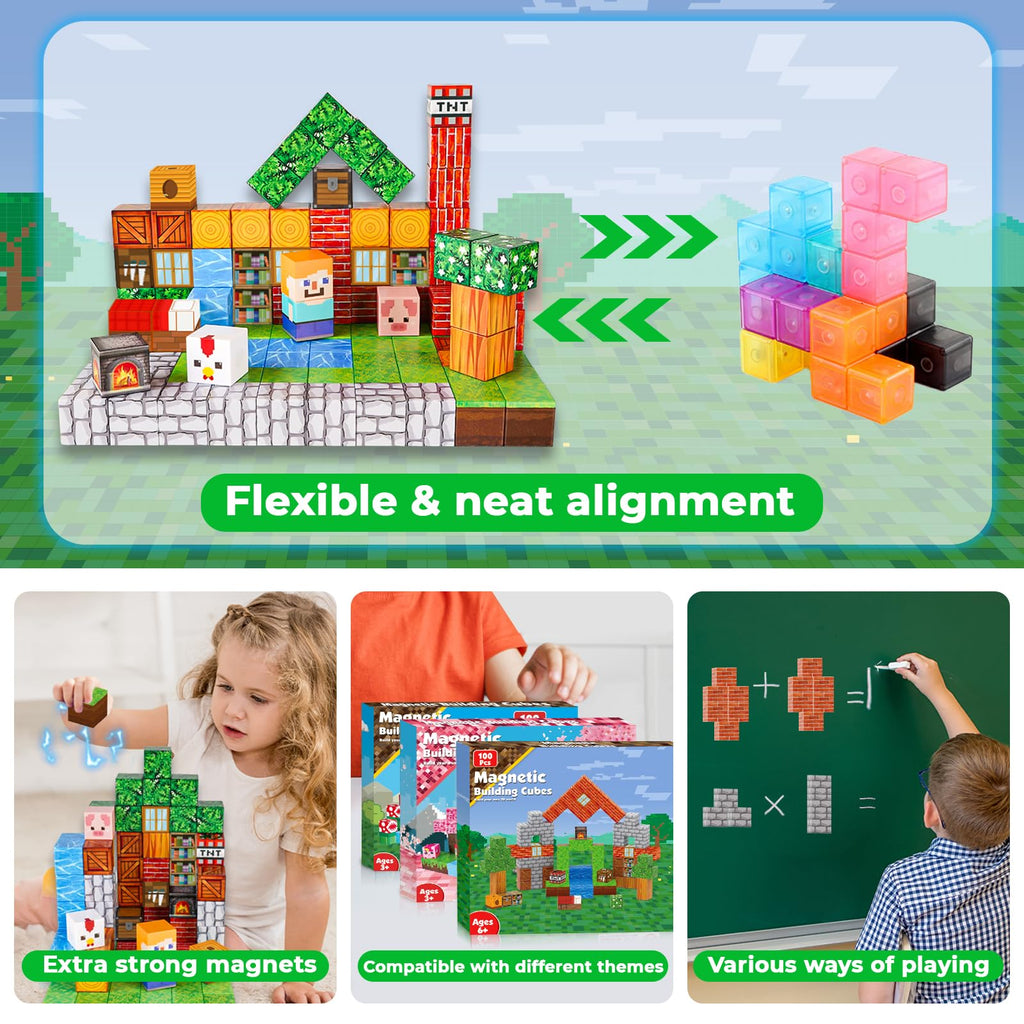 Goody King Magnetic Blocks |100PCS Magnetic Building Cube Game, Constructions Toys for Boys & Girls Age 3-4, 5 6 7 8 9 10, STEM Montessori Stacking Toy, Sensory Tiles Building Birthday for Toddlers