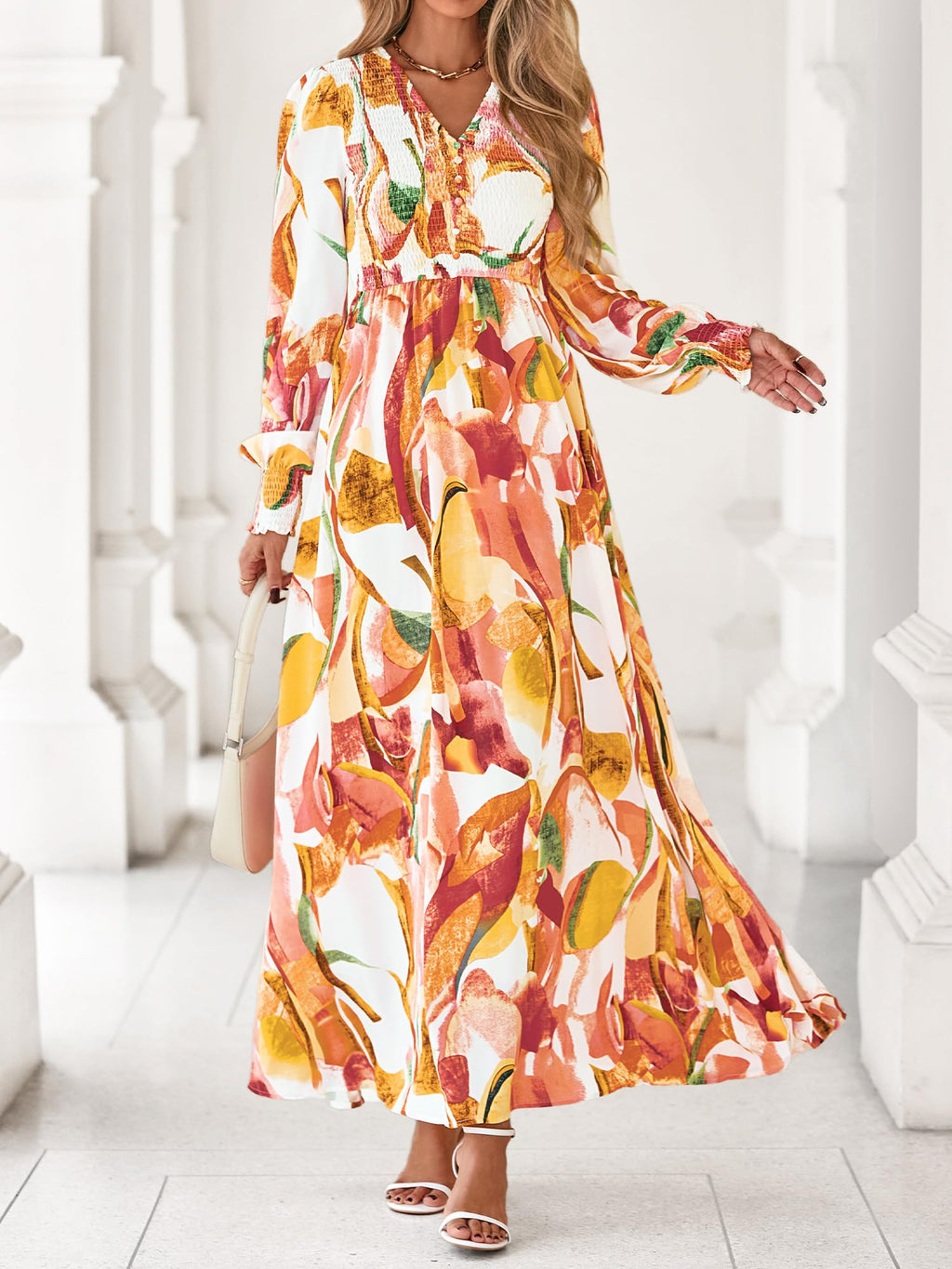 BTFBM Women Fall Wedding Guest Maxi Dresses 2025 Floral V Neck Long Sleeve Boho Long Dress Vacation(Pink Watercolour,Medium)