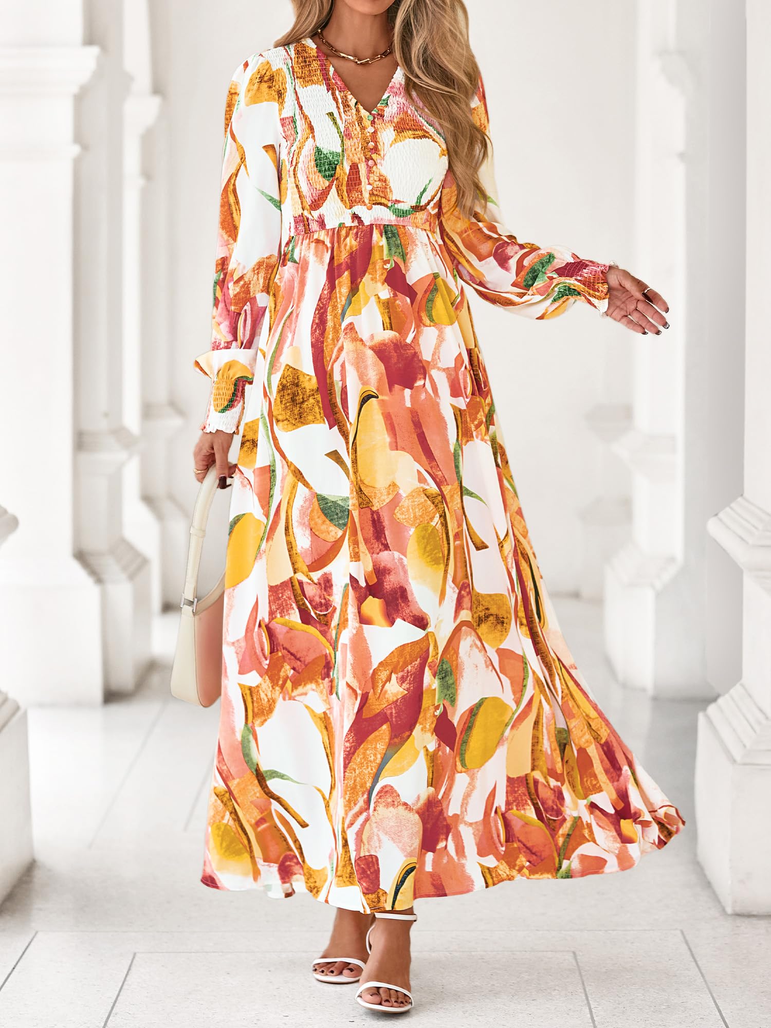 BTFBM Women Fall Wedding Guest Maxi Dresses 2025 Floral V Neck Long Sleeve Boho Long Dress Vacation(Pink Watercolour,Medium)