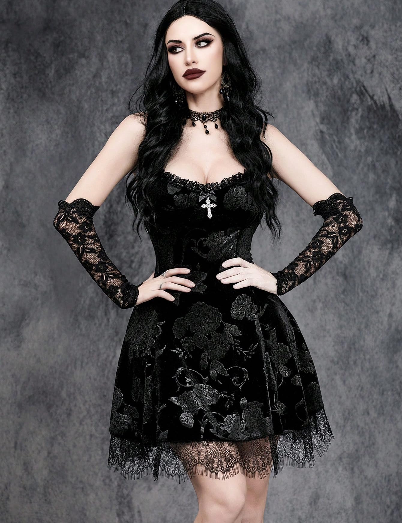 InGoticos Women Gothic Sexy Mini Lace Patchwork Cross Velvet Slip Goth Dress Without Choker for Halloween Black