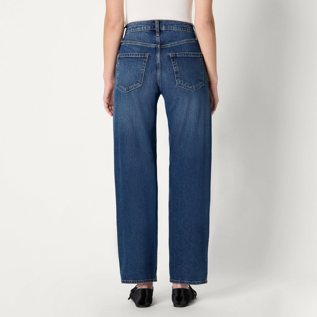 Amazon Essentials Women's Women's Low Stretch High-Rise Barrel Leg Jean, Stone Dark Wash, 10